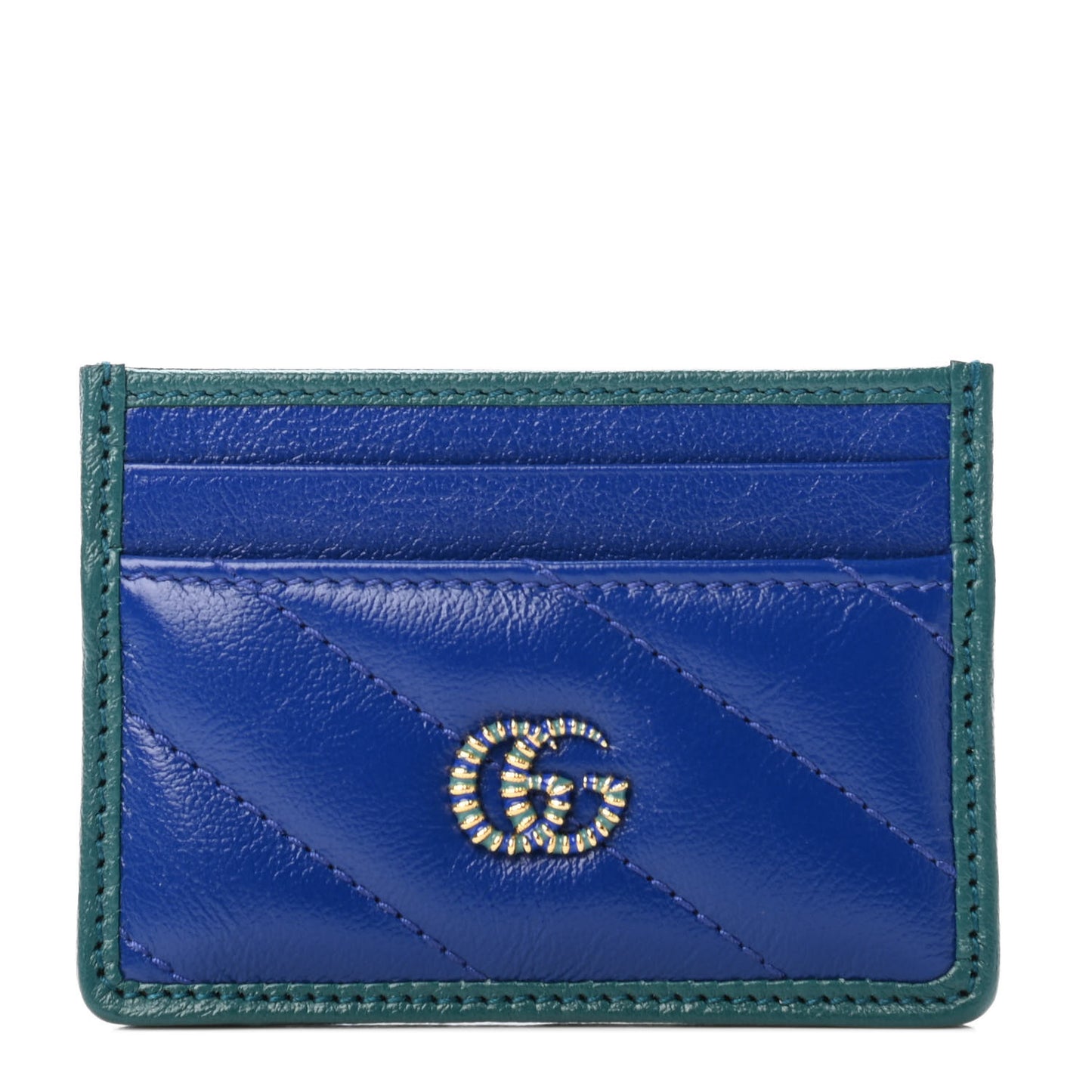 Azalea Calfskin Matelasse Diagonal Enamel Torchon GG Marmont Card Holder Imperial Blue Pavone