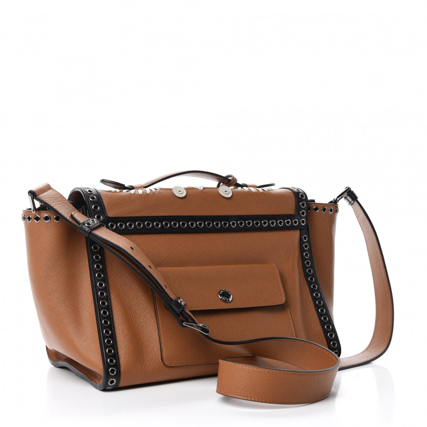 Saffiano Embroidered Sound Twin Pocket Satchel Caramel