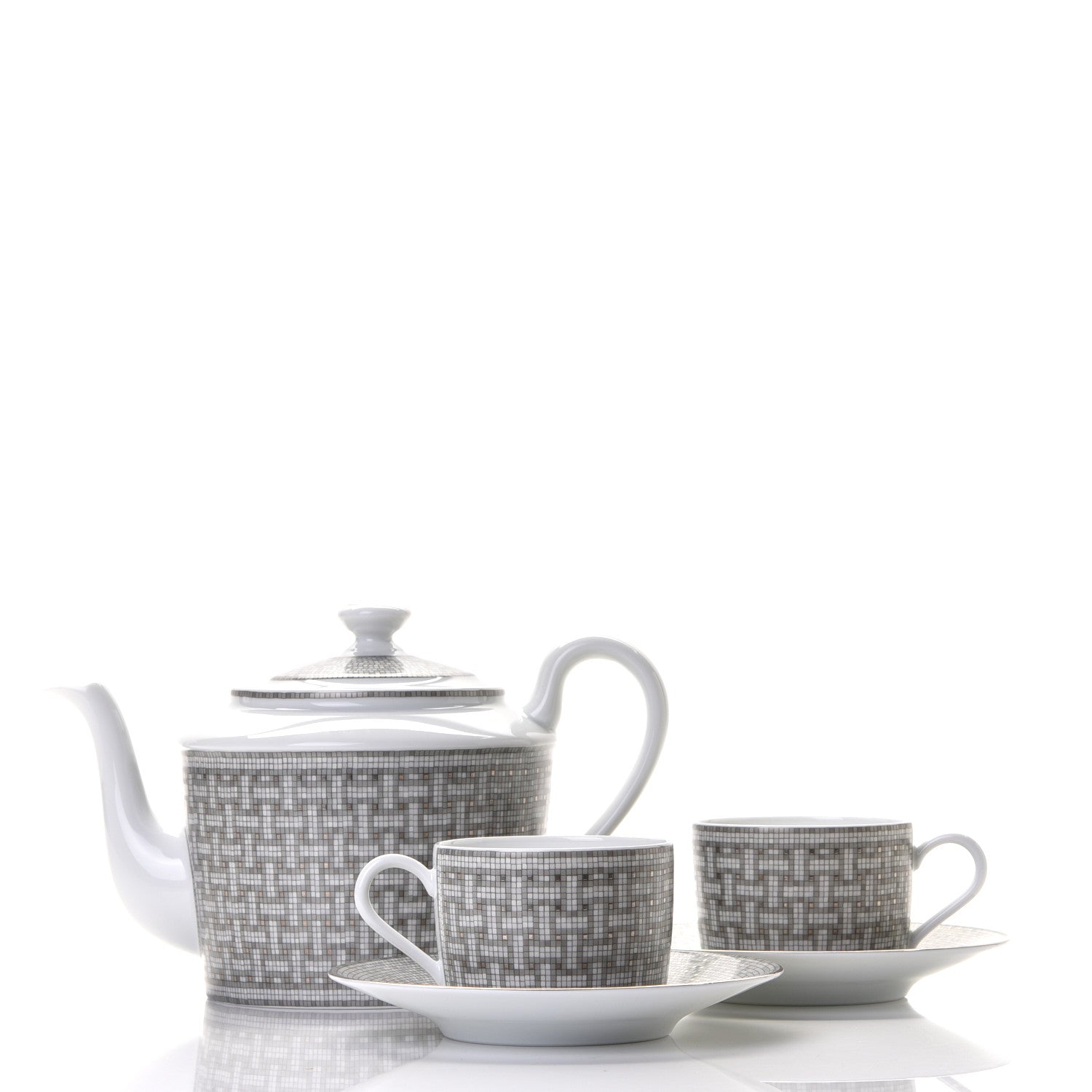 Hermes Porcelain 24 Mosaique Teapot Cup Set Platinum 9 of 12
