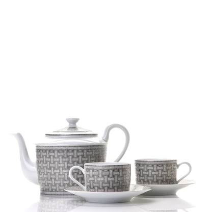 Hermes Porcelain 24 Mosaique Teapot Cup Set Platinum 9 of 12