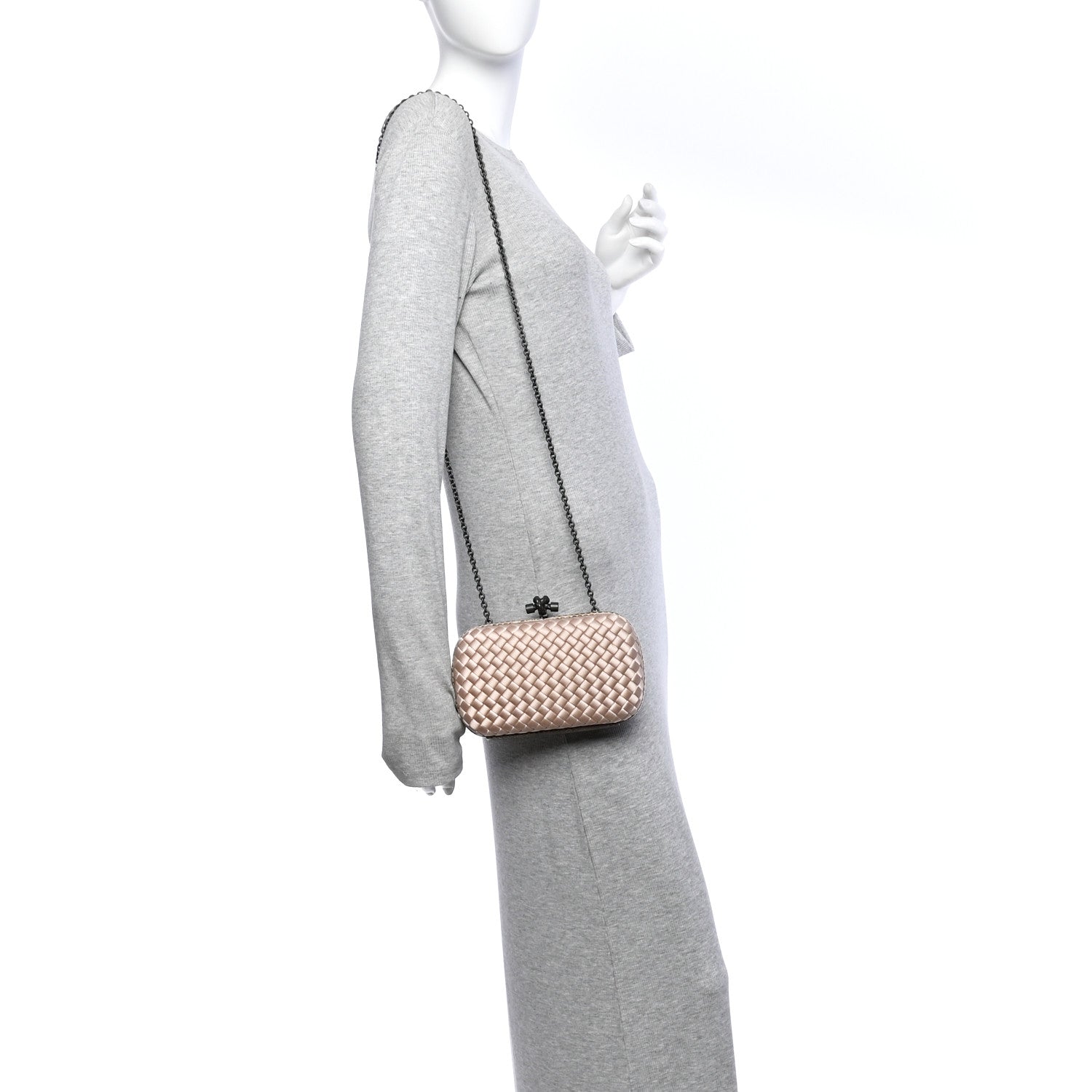 Bottega Veneta Satin Ayers Intrecciato Chain Knot Clutch Nude 2 of 10