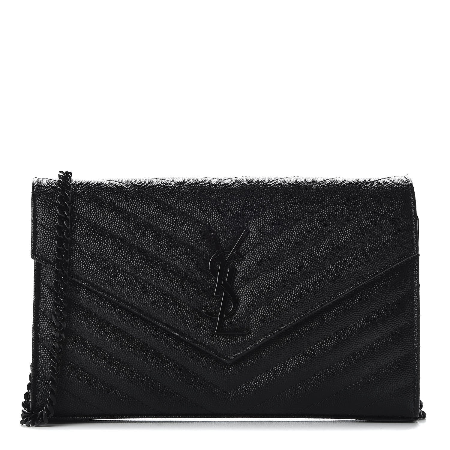 Saint Laurent Grain De Poudre Matelasse Chevron Monogram Chain Wallet Black 1 of 8