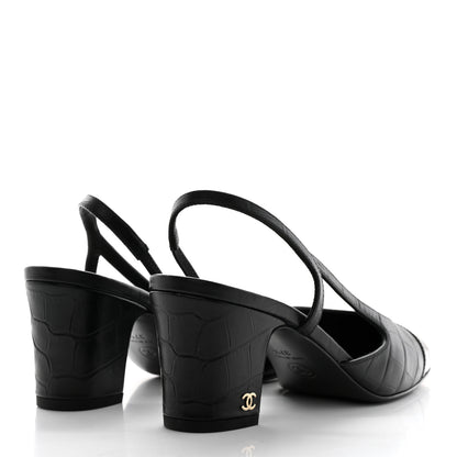 Chanel Calfskin Crocodile Embossed Patent Cap Toe CC Slingback Sandals 37.5 Black 4 of 9