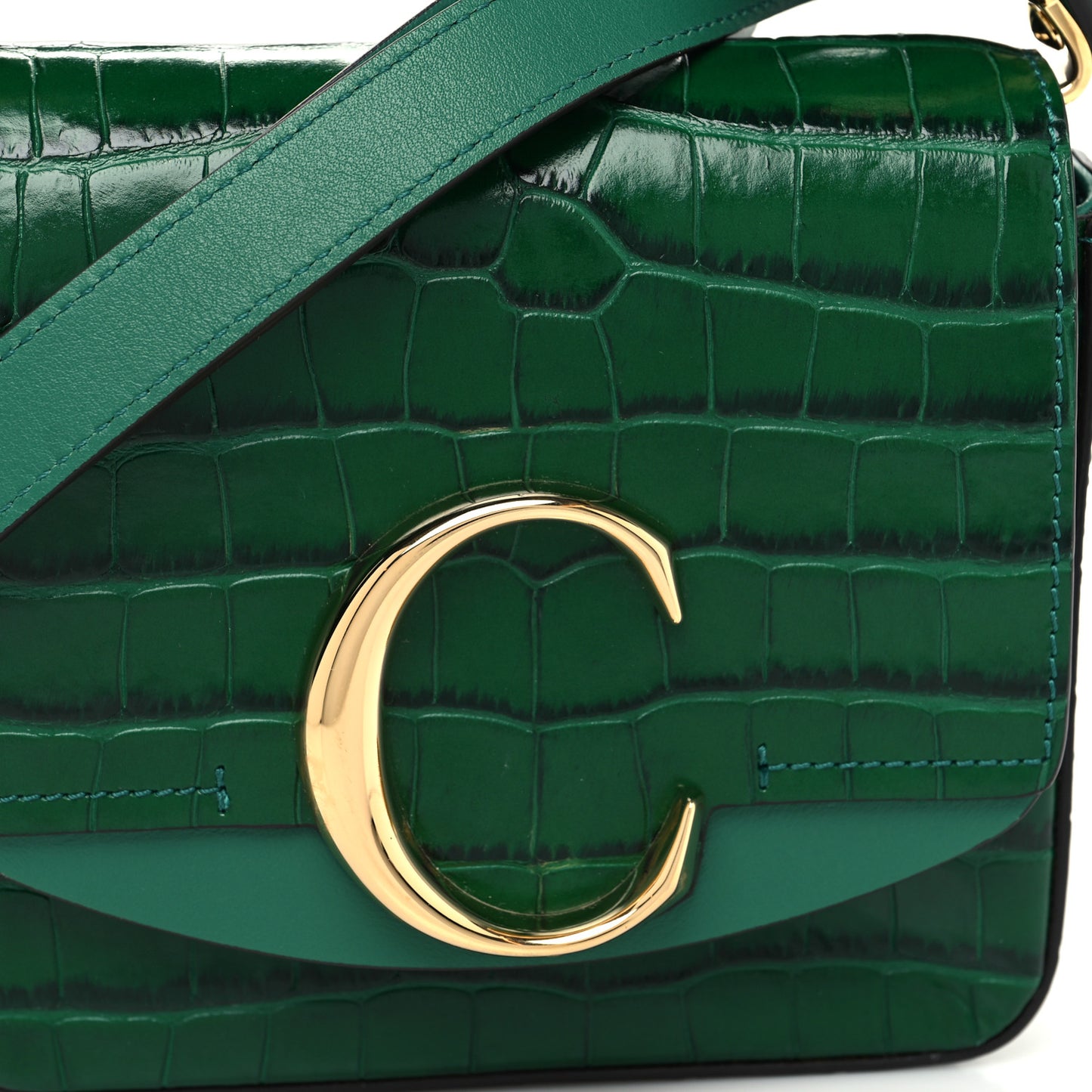 Calfskin Crocodile Embossed Mini C Double Carry Woodsy Green