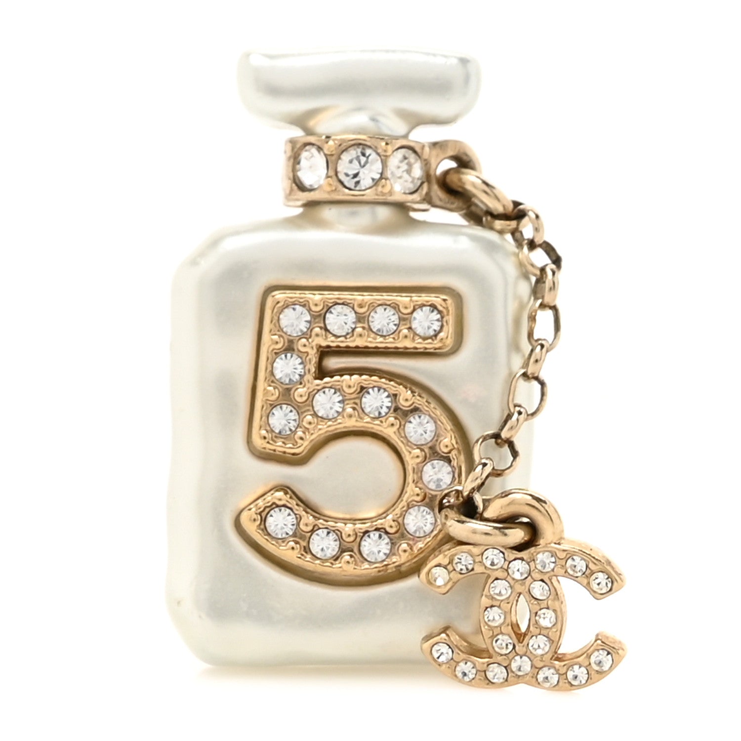 Chanel Pearl Resin Crystal CC No 5 Perfume Bottle Brooch Gold Pearly 1 of 3