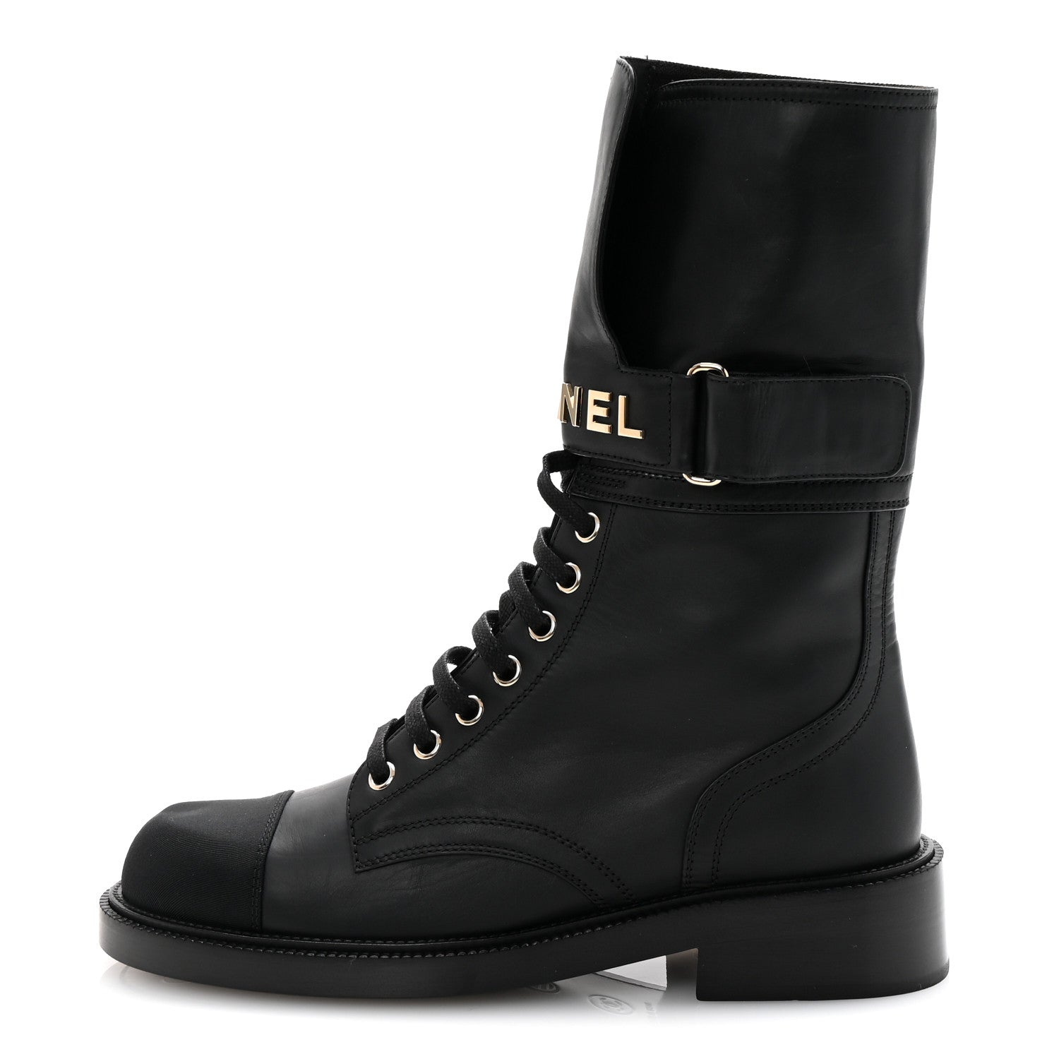 Chanel Shiny Calfskin Lace Up Combat Boots 38 Black 1 of 9