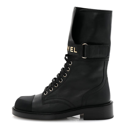 Chanel Shiny Calfskin Lace Up Combat Boots 38 Black 1 of 9