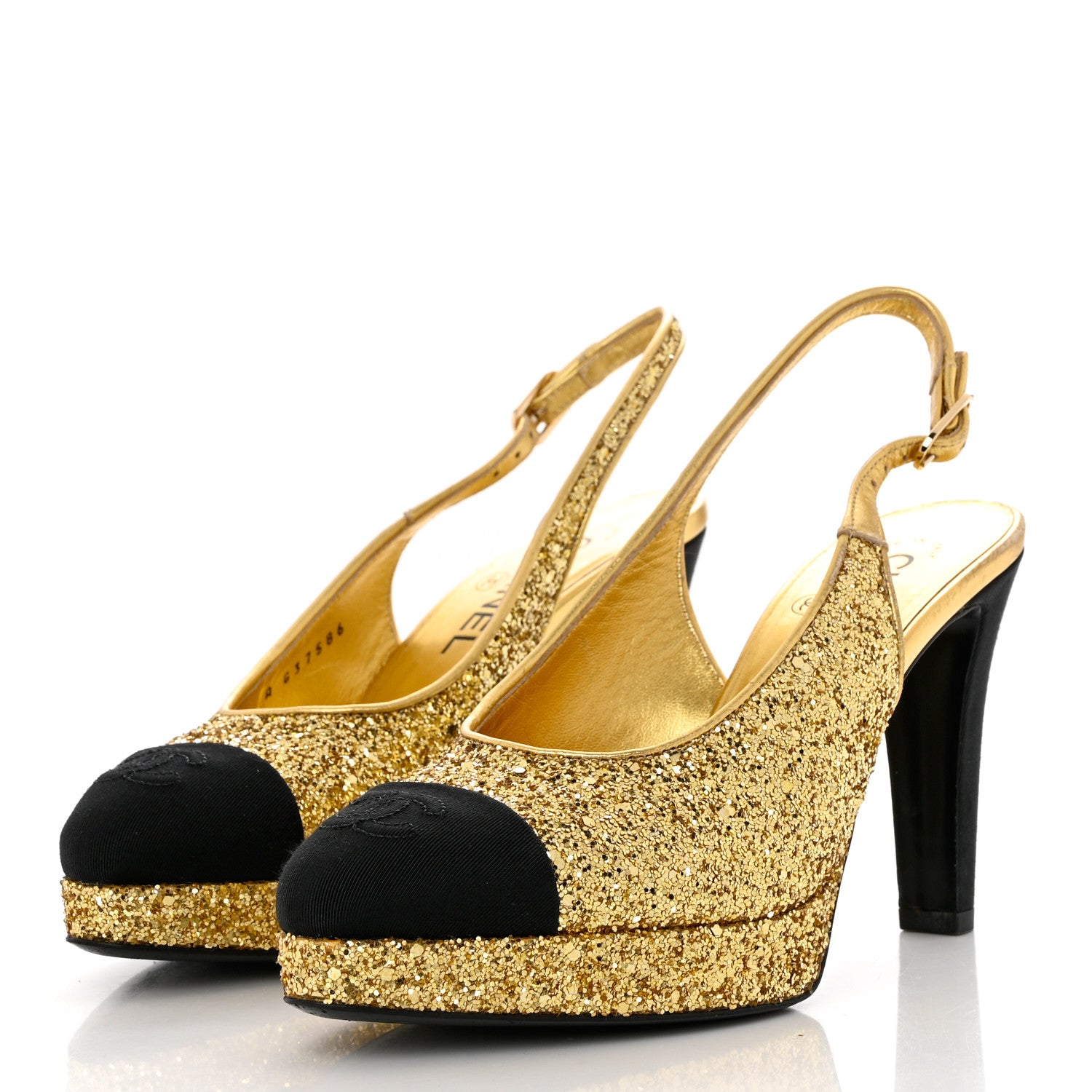 Chanel Glitter Grosgrain Cap Toe CC Slingback Pumps 37.5 Gold Black 3 of 9