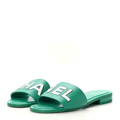 Chanel Calfskin Patent Calfskin Logo Mules 38.5 Green White 4 of 9