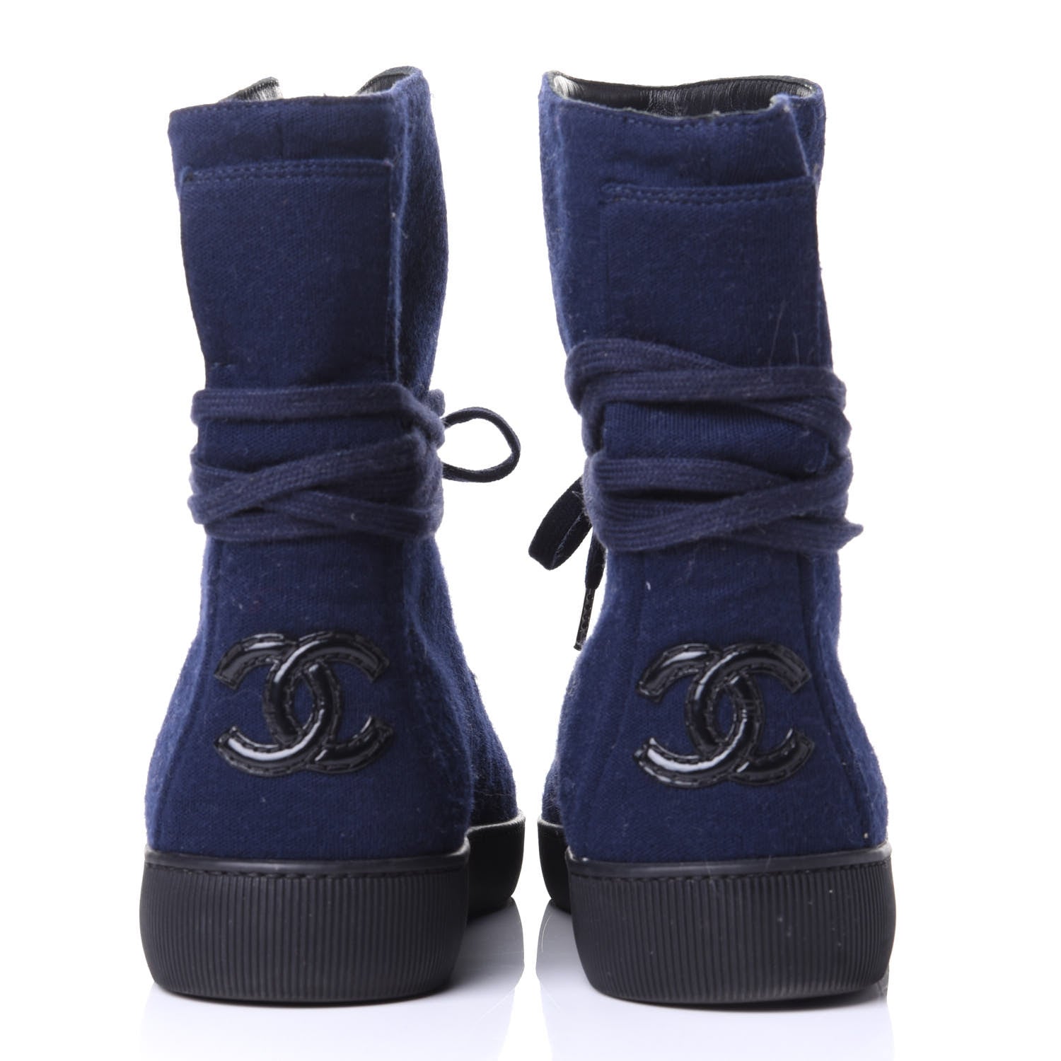 Chanel Jersey Lace Up High Top Sneakers 38.5 Black Navy 6 of 10