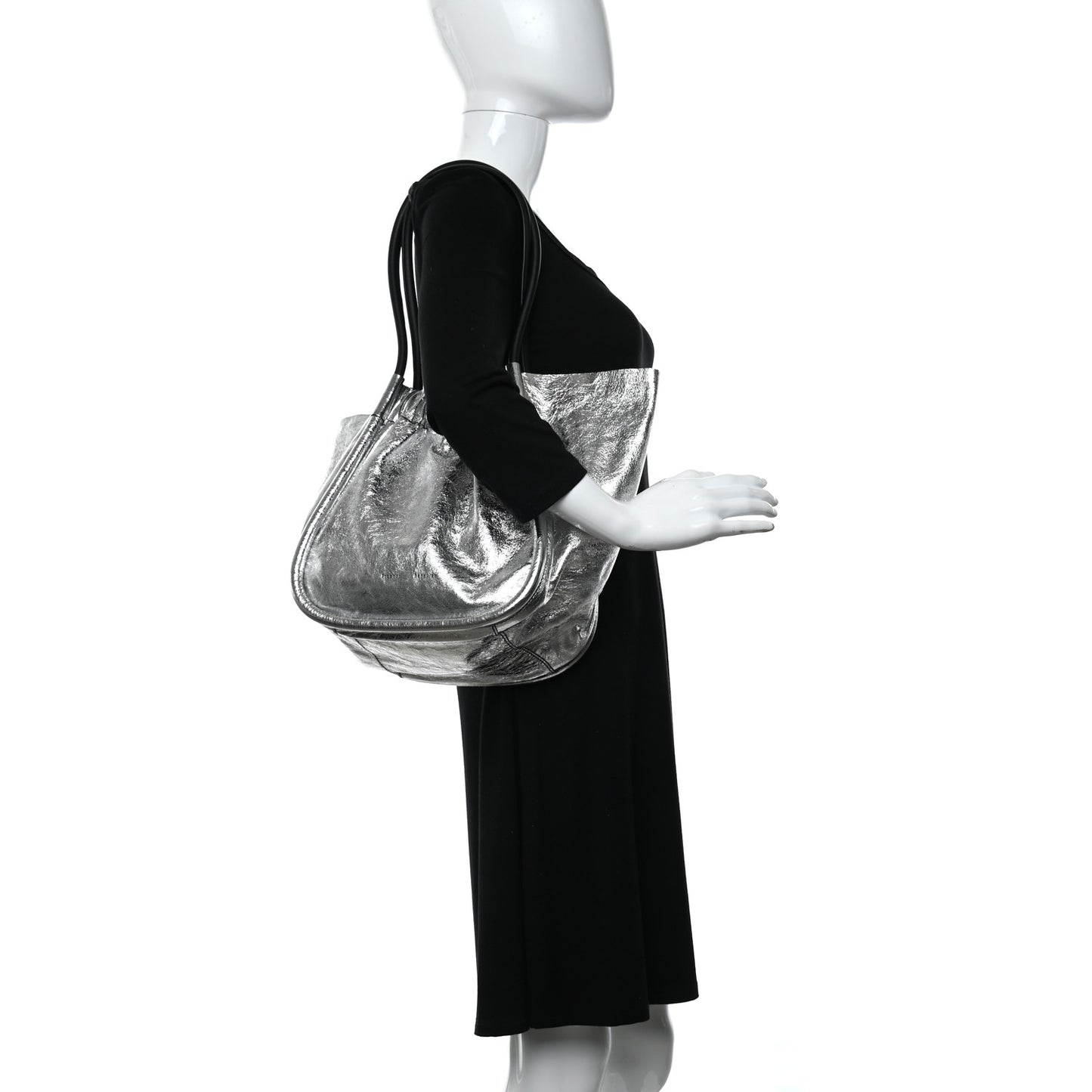 Metallic Calfskin Large Ruched Tote Silver