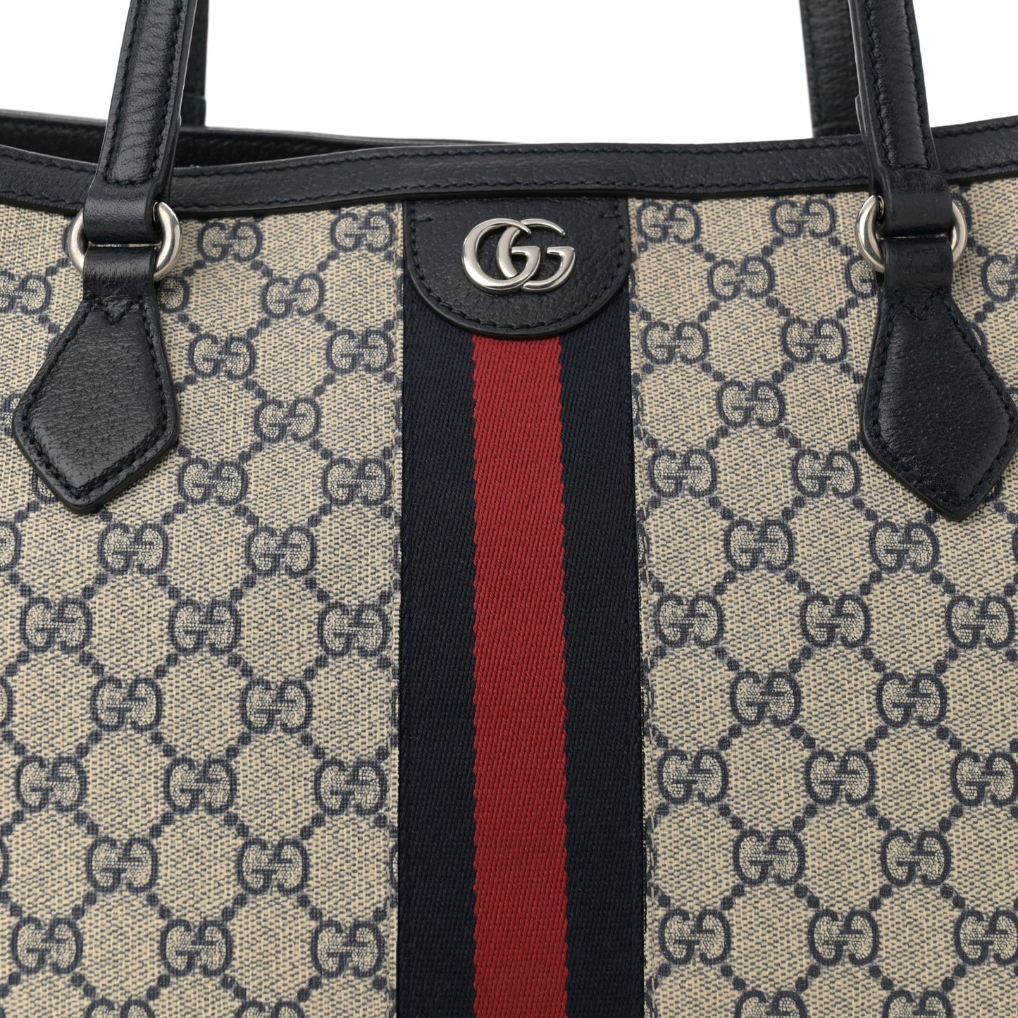 GG Supreme Monogram Textured Calfskin Web Medium Ophidia Shopping Tote Beige Blue