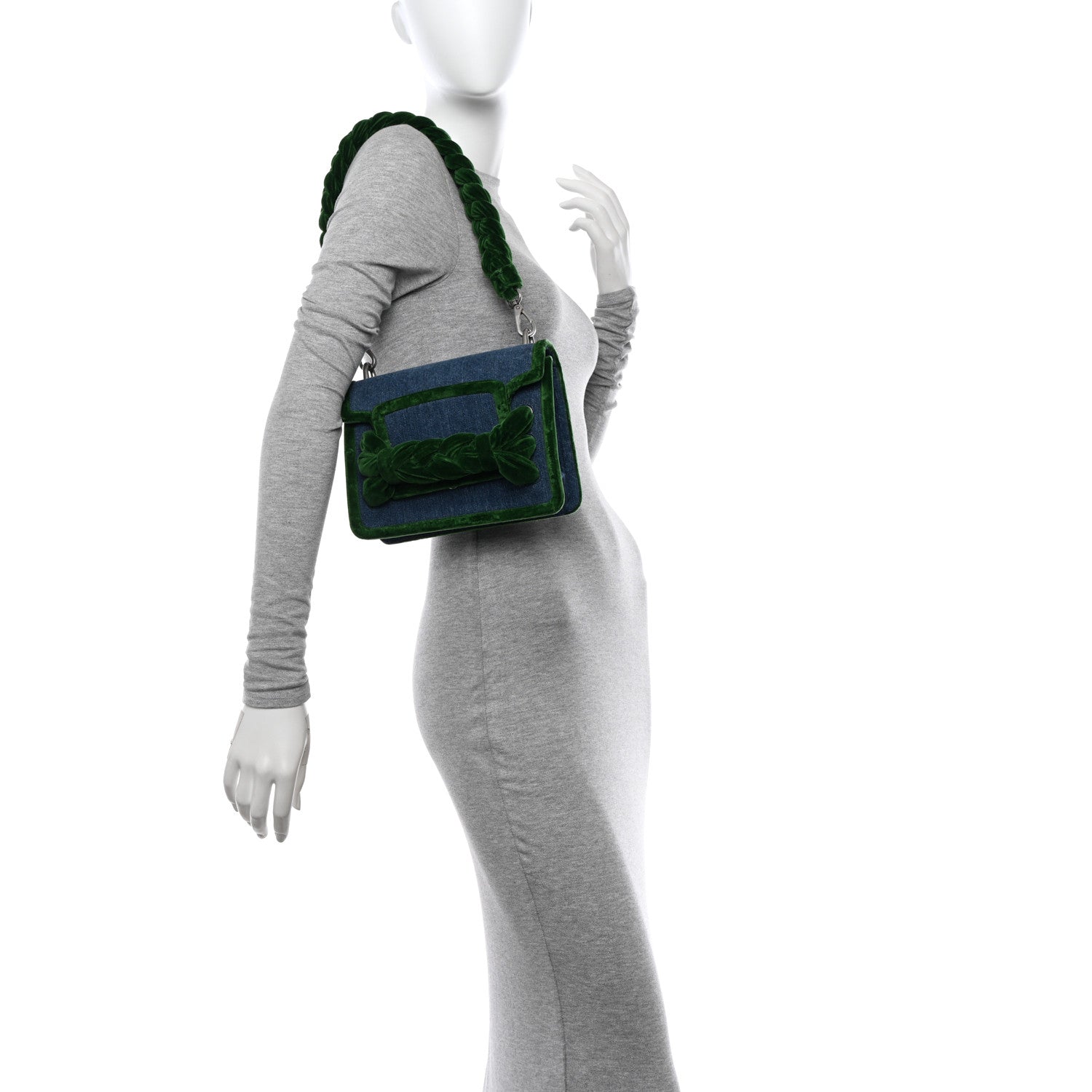 Miu Miu Denim Velvet Tresse Shoulder Bag Blue Green 2 of 10