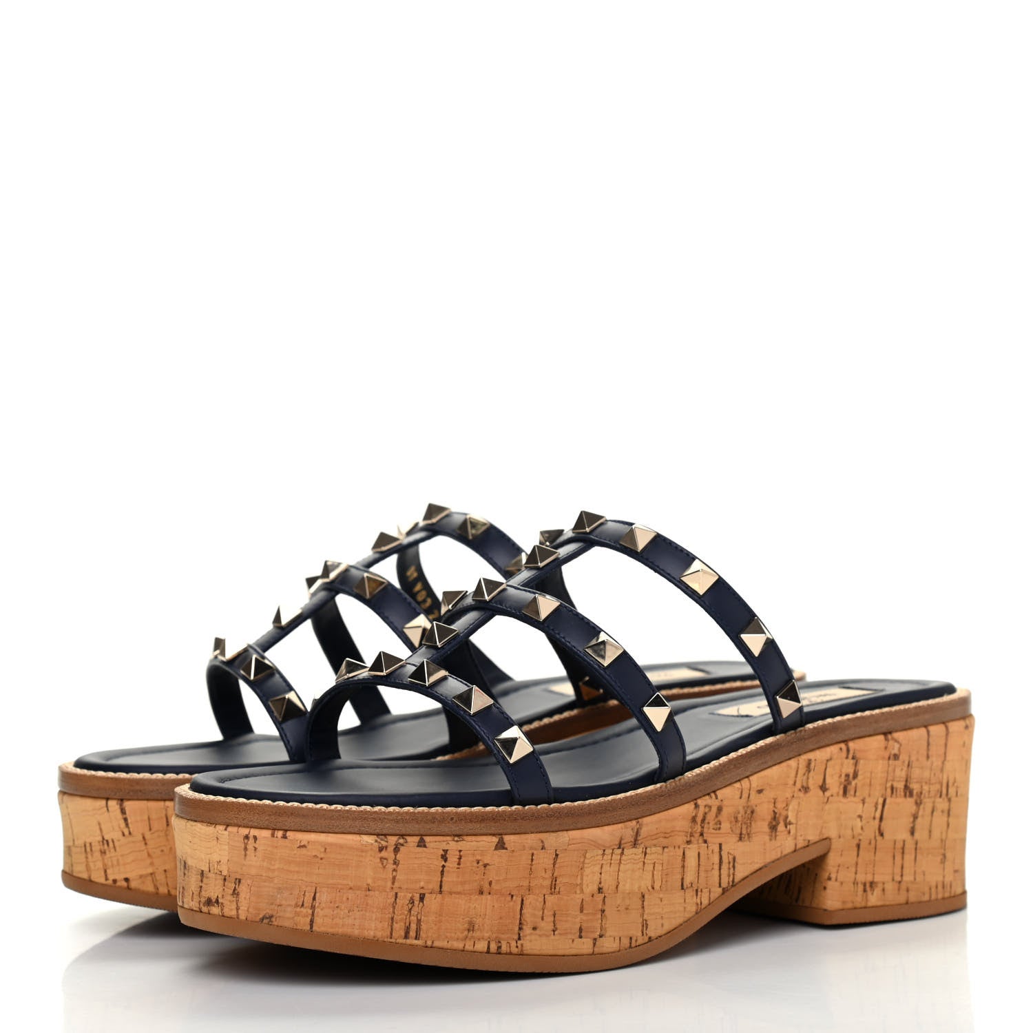 Valentino Garavani Calfskin Cork Rockstud Caged 30/50mm Platform Sandals 36.5 Marine 3 of 9