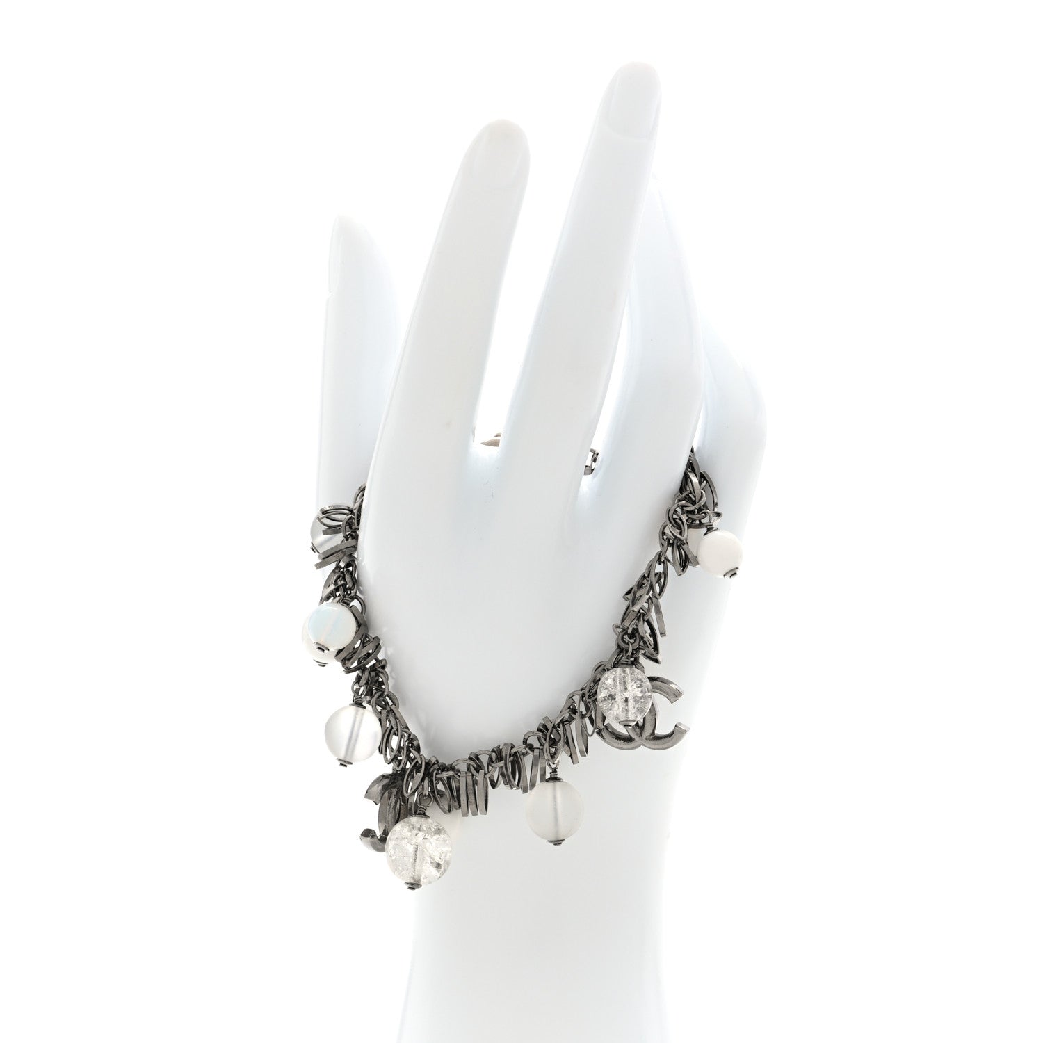 Chanel Metal Crystal CC Bead Charm Bracelet Ruthenium Gold White 2 of 4