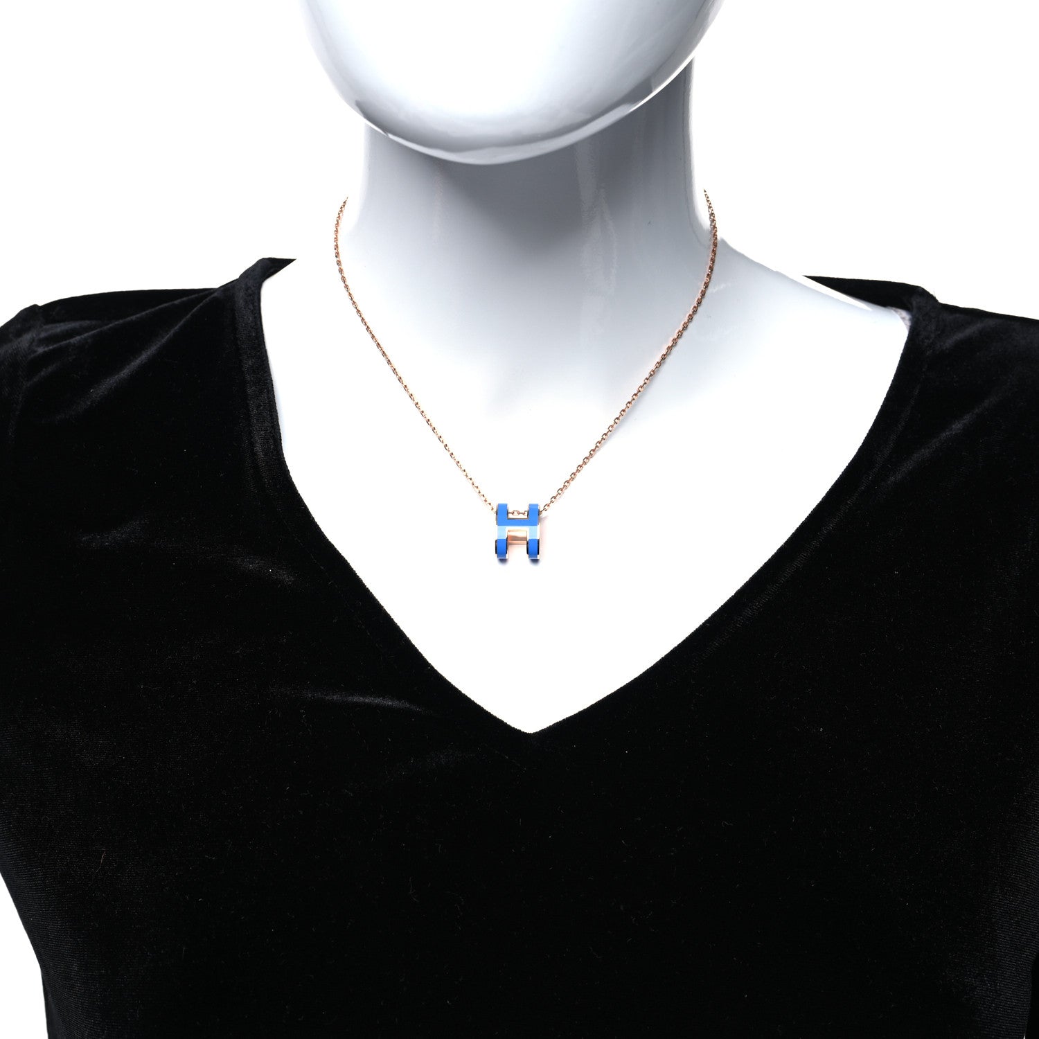 Hermes Lacquered Rose Gold Pop H Pendant Necklace Bleu Sature 2 of 5