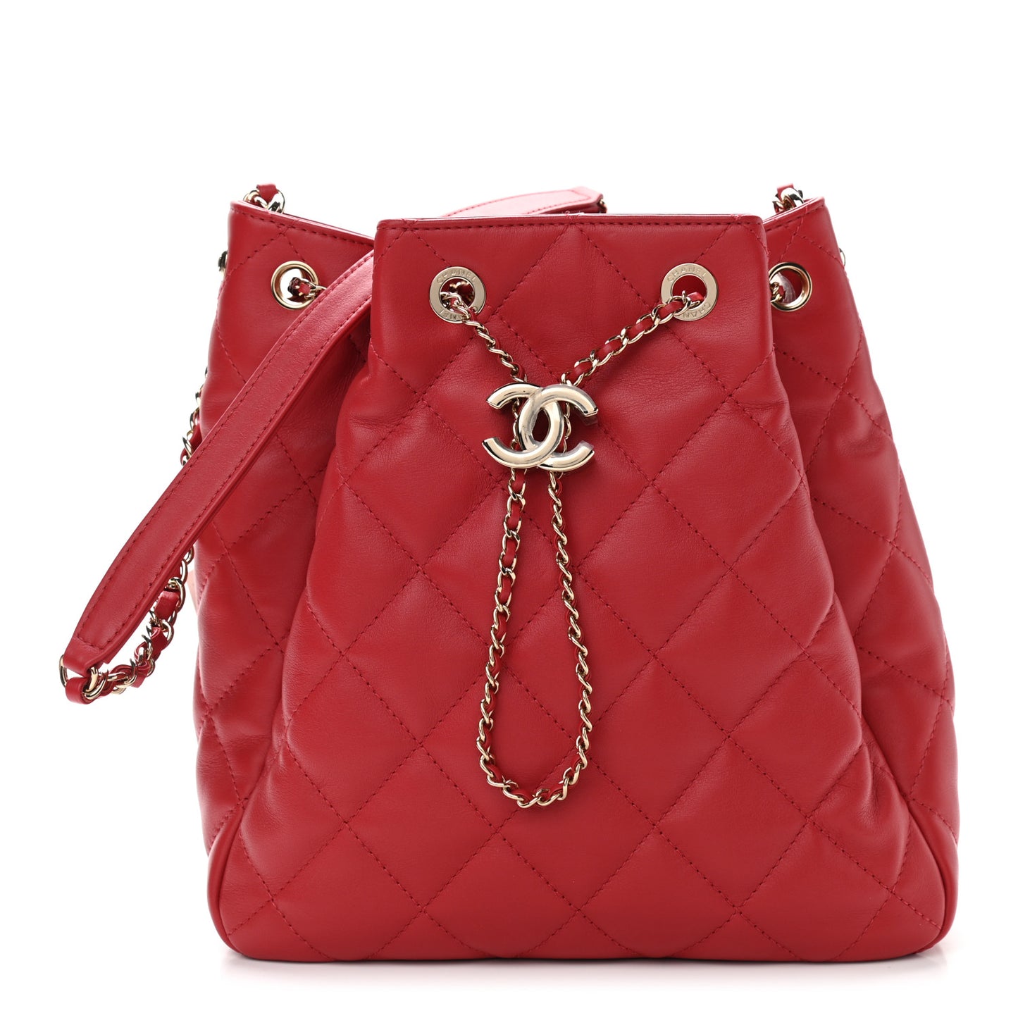 Lambskin Quilted Chain Drawstring Bag Red