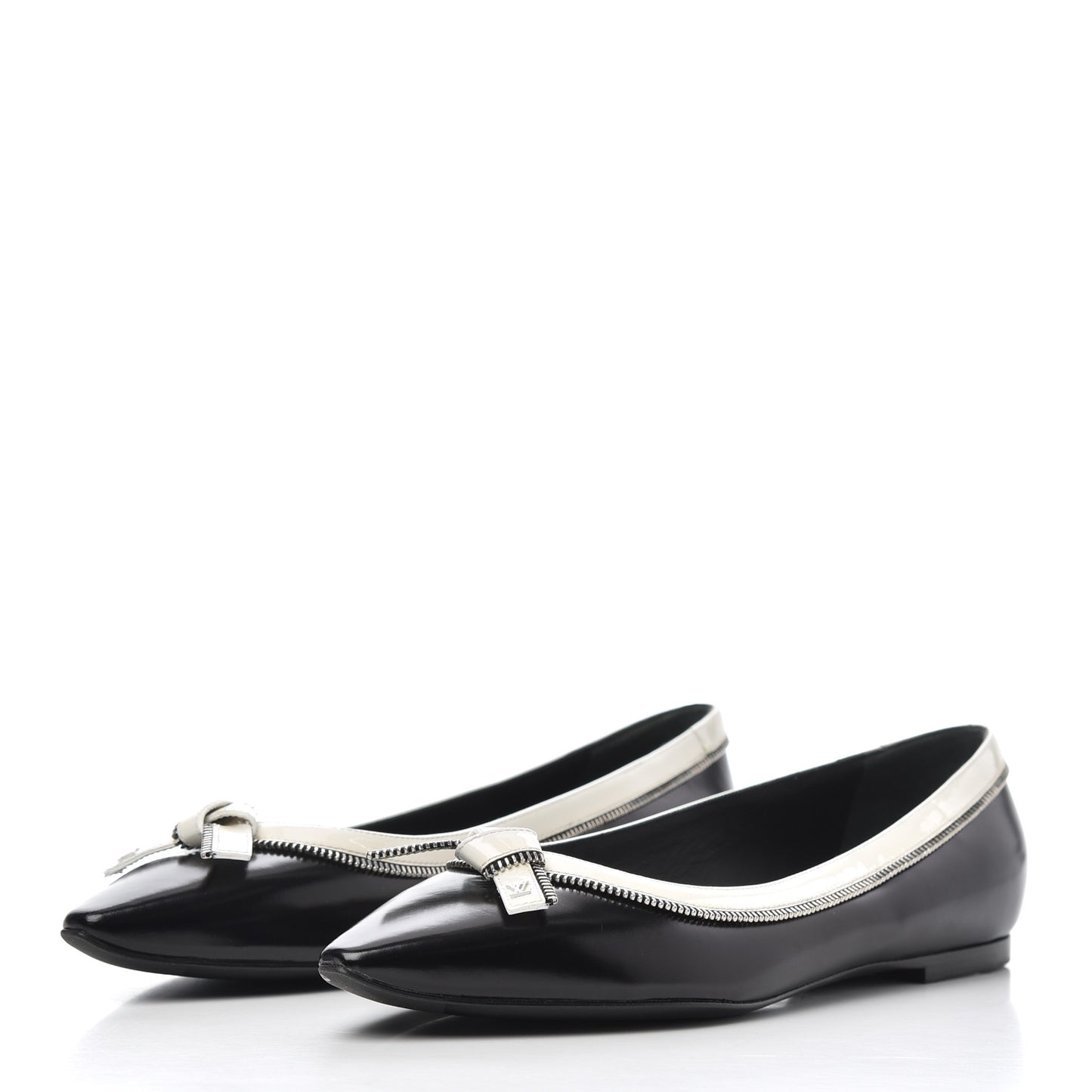 Patent Calfskin Zipper Ballerina Flats 37.5 Black White