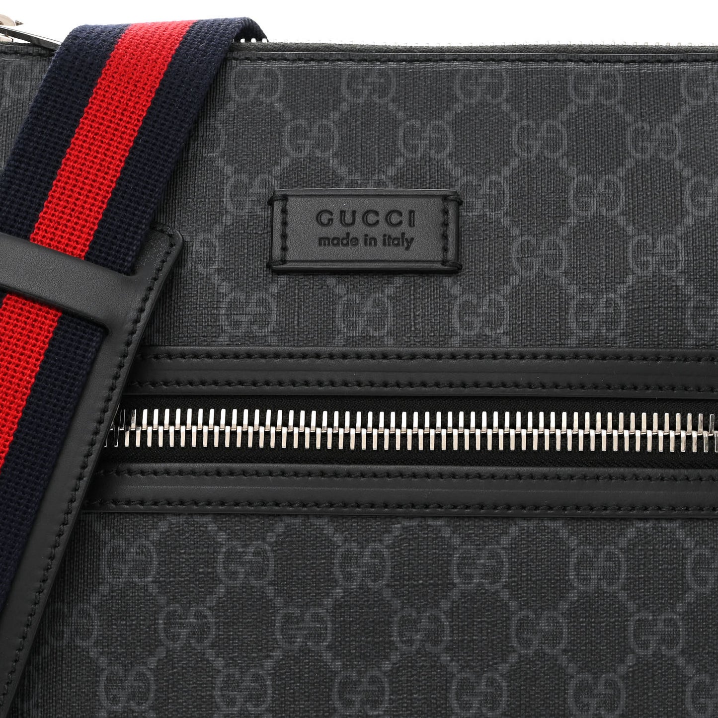 GG Supreme Monogram Appia Calfskin Web Flat Messenger Bag Black Grey