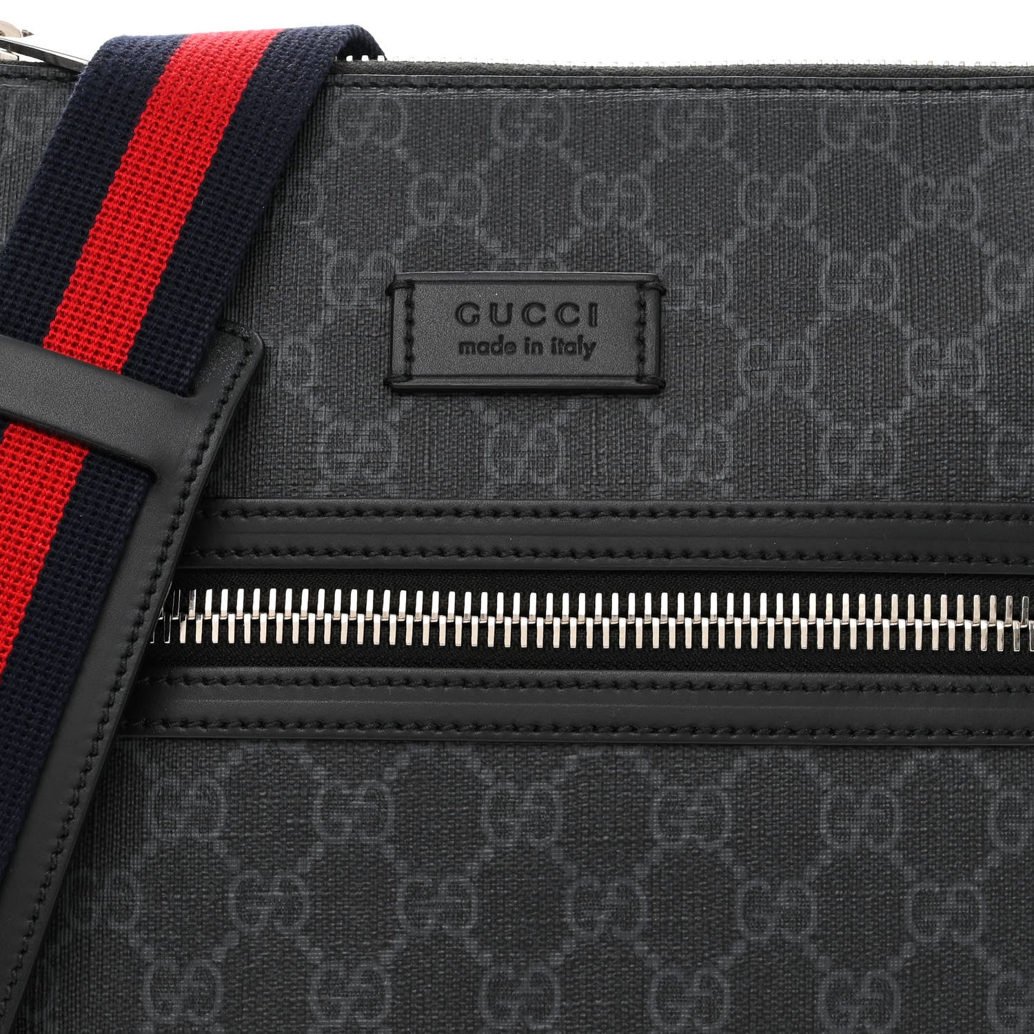 Gucci GG Supreme Monogram Appia Calfskin Web Flat Messenger Bag Black Grey 8 of 11