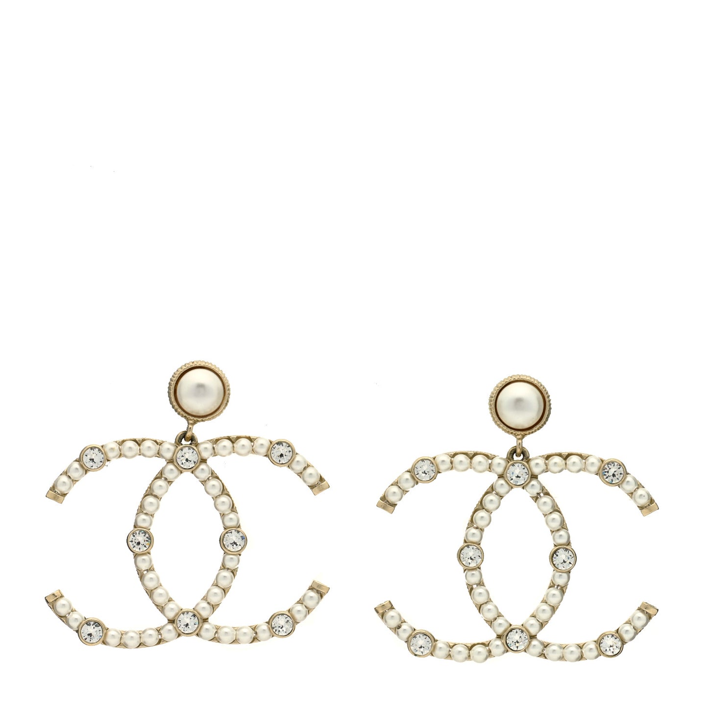 Metal Crystal Pearl CC Drop Earrings Gold