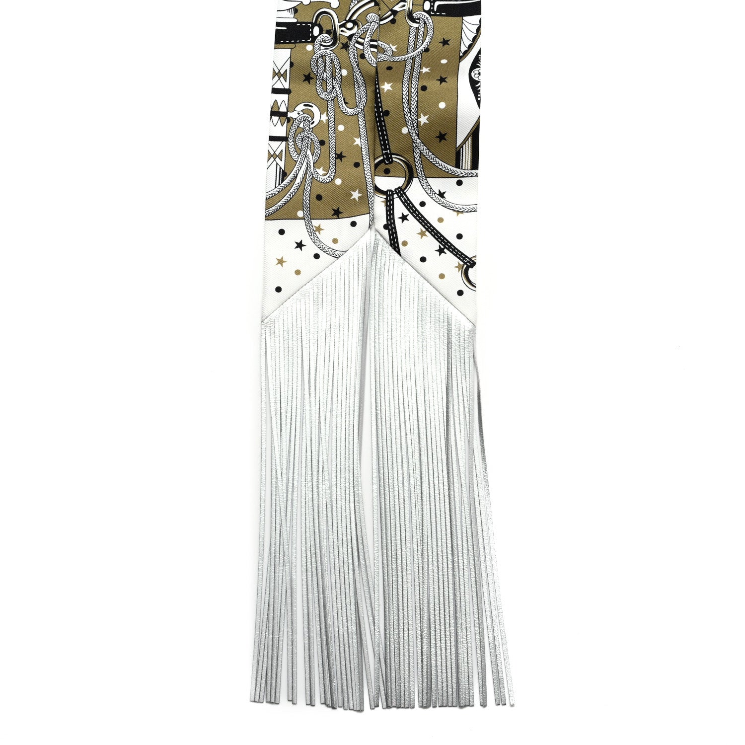 Hermes Bandana Fringes Twilly  Kaki White Black 2 of 4