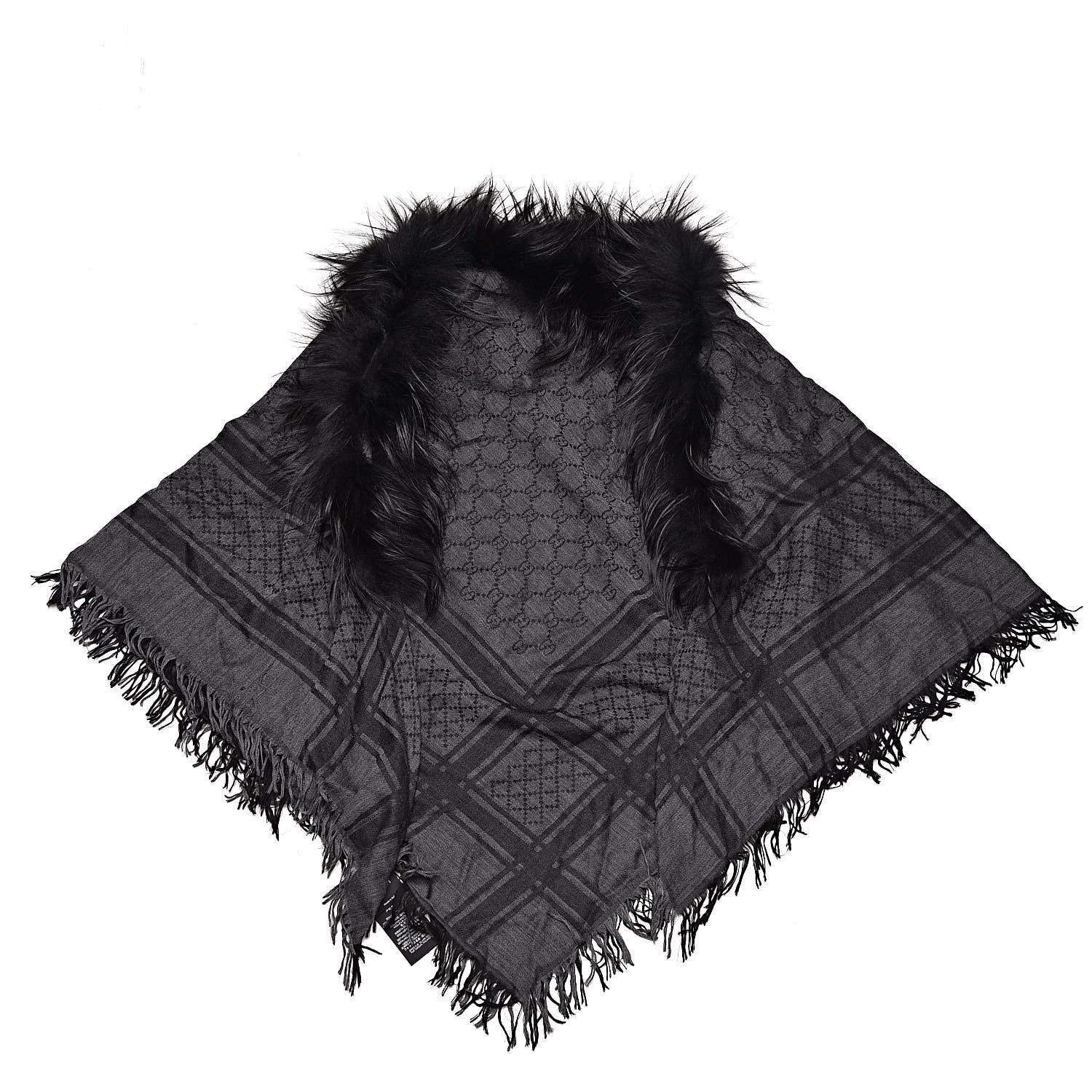 Gucci Wool Silk Fox Fur Monogram Shawl Scarf Black 1 of 5