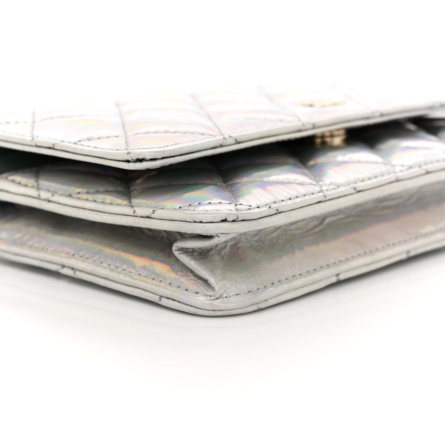 Iridescent Goatskin Quilted Wallet On Chain WOC Silver