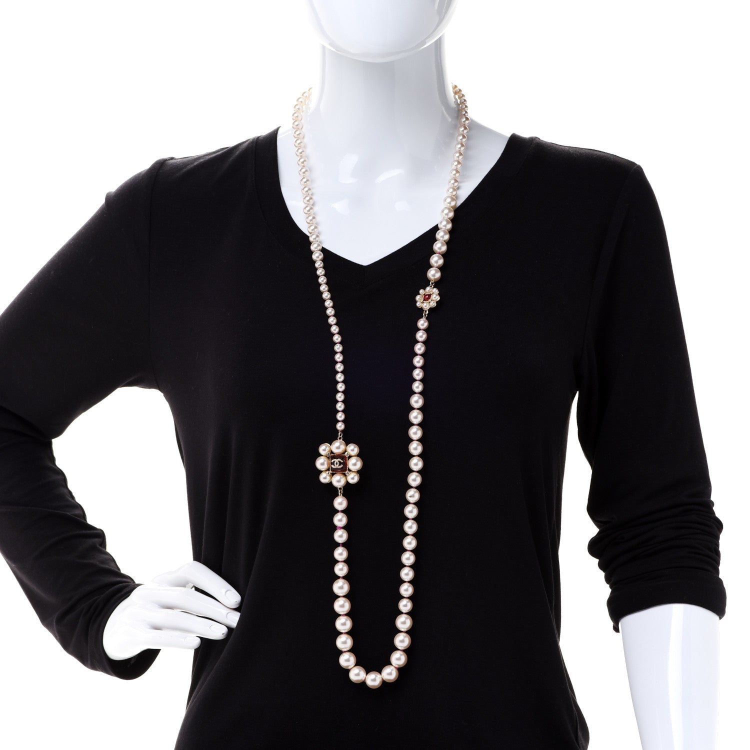 Chanel Pearl Crystal Gripoix CC Long Necklace Gold Pearly White Red 2 of 6