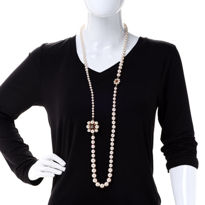 Chanel Pearl Crystal Gripoix CC Long Necklace Gold Pearly White Red 2 of 6