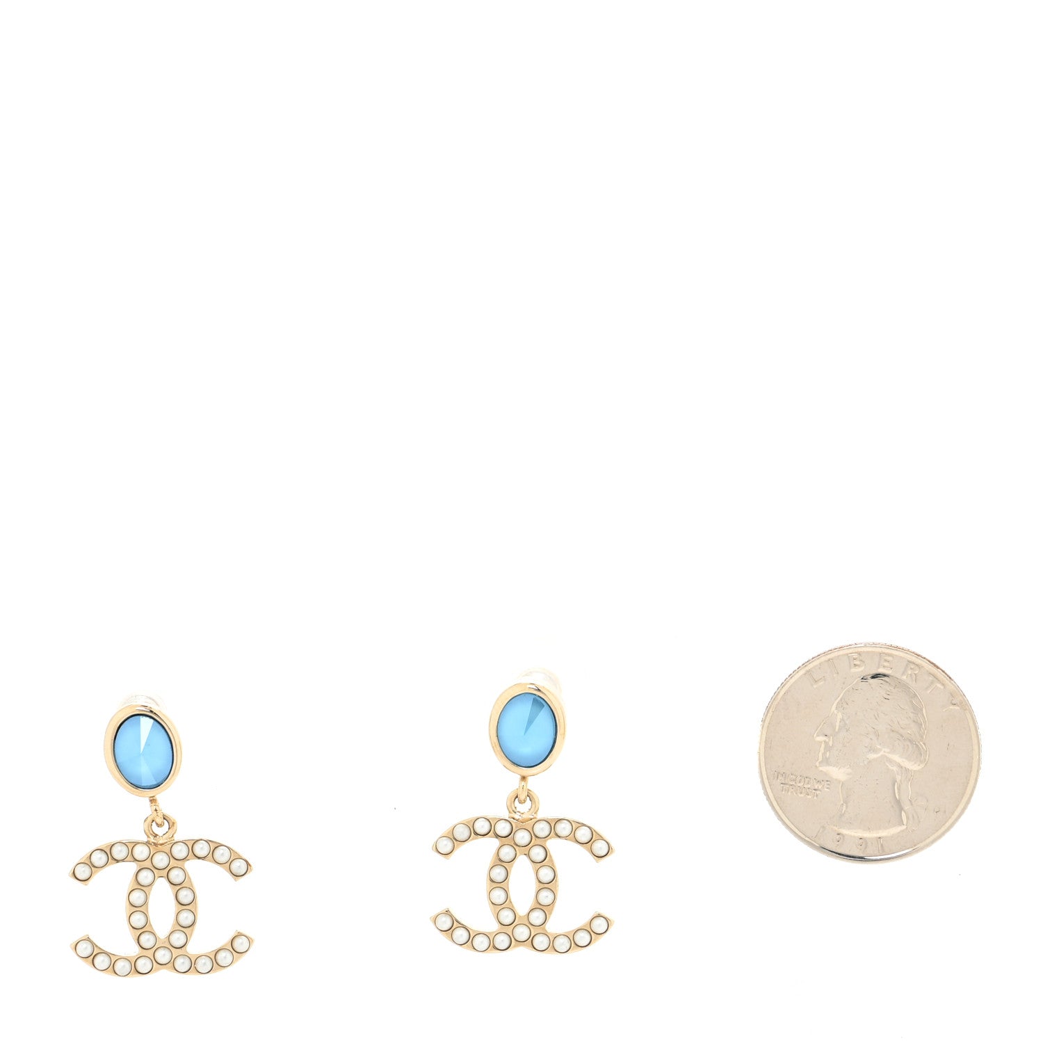 Chanel Crystal Pearl CC Drop Earrings Blue Gold 2 of 4