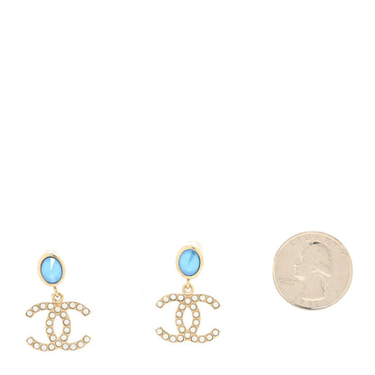Chanel Crystal Pearl CC Drop Earrings Blue Gold 2 of 4