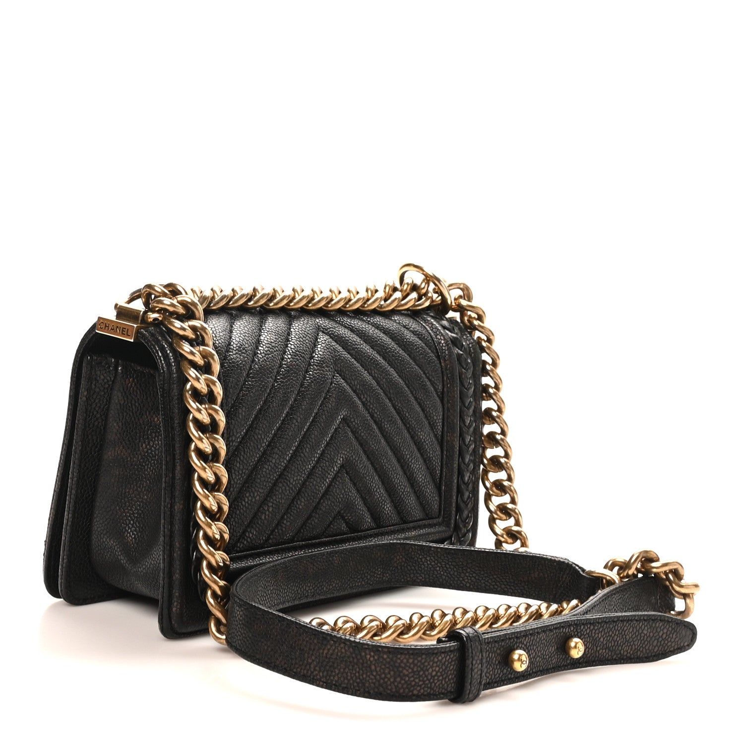 Chanel Patinated Calfskin Braid Around Chevron Small Boy Flap Brown 3 of 10