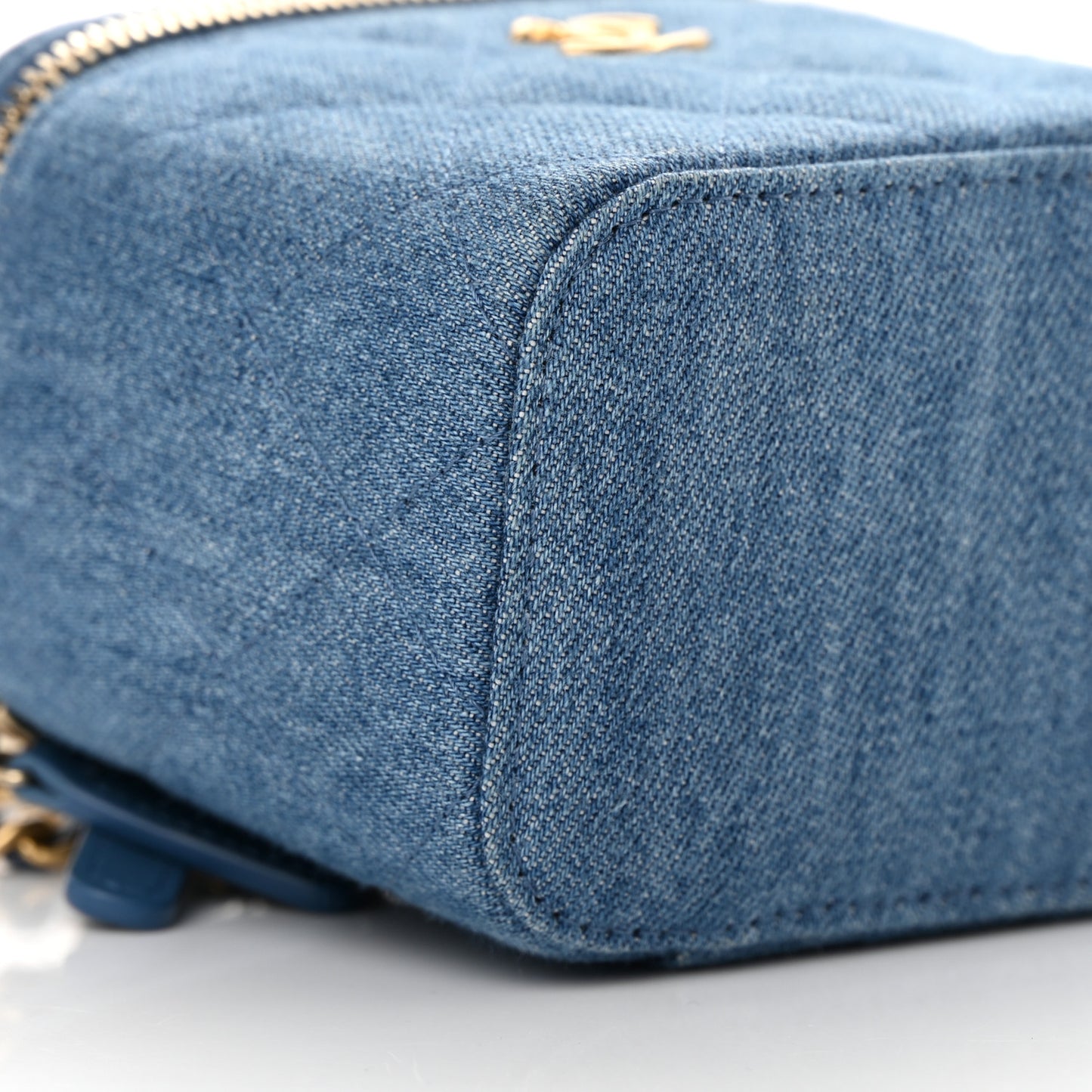 Denim Quilted Mini Pearl Crush Vanity Case With Chain
