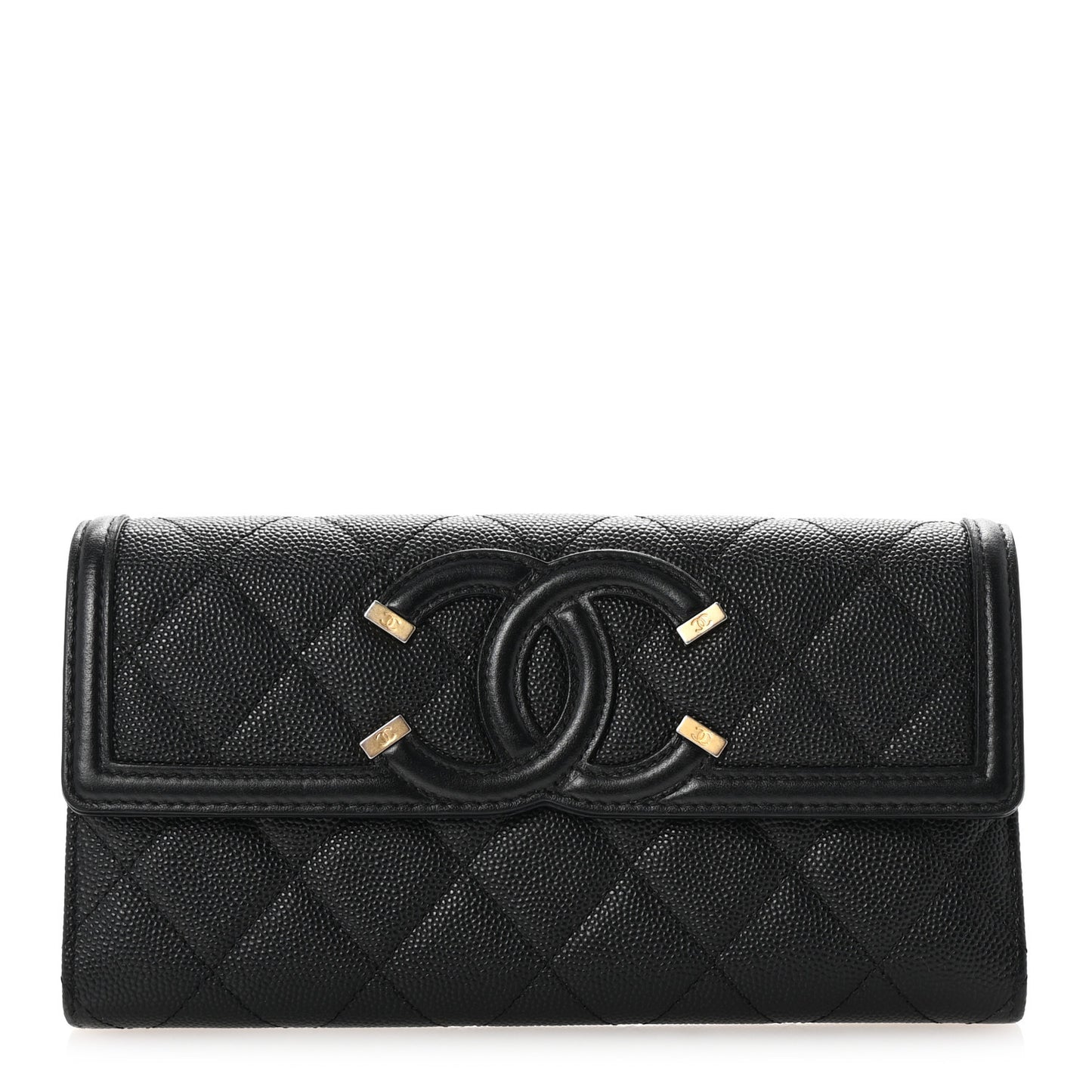 Caviar Quilted Filigree Large Gusset Flap Wallet Black