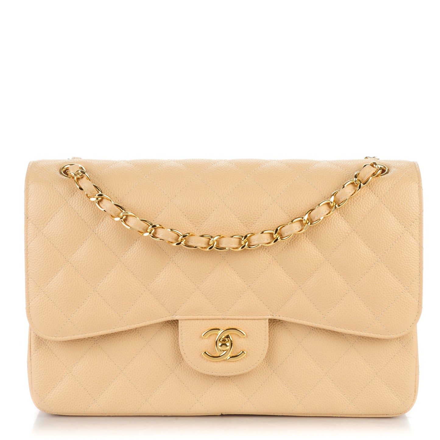Caviar Quilted Jumbo Double Flap Beige Clair