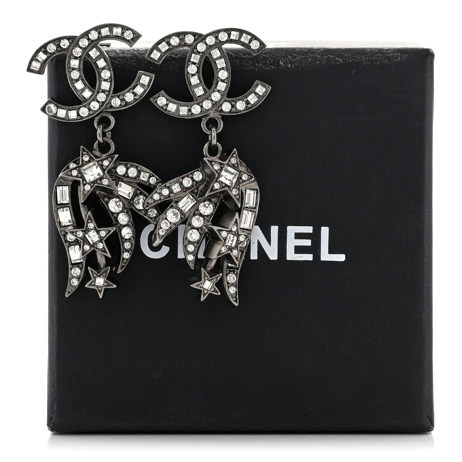 Chanel Ruthenium Crystal Baguette CC Wing Star Earrings 5 of 5