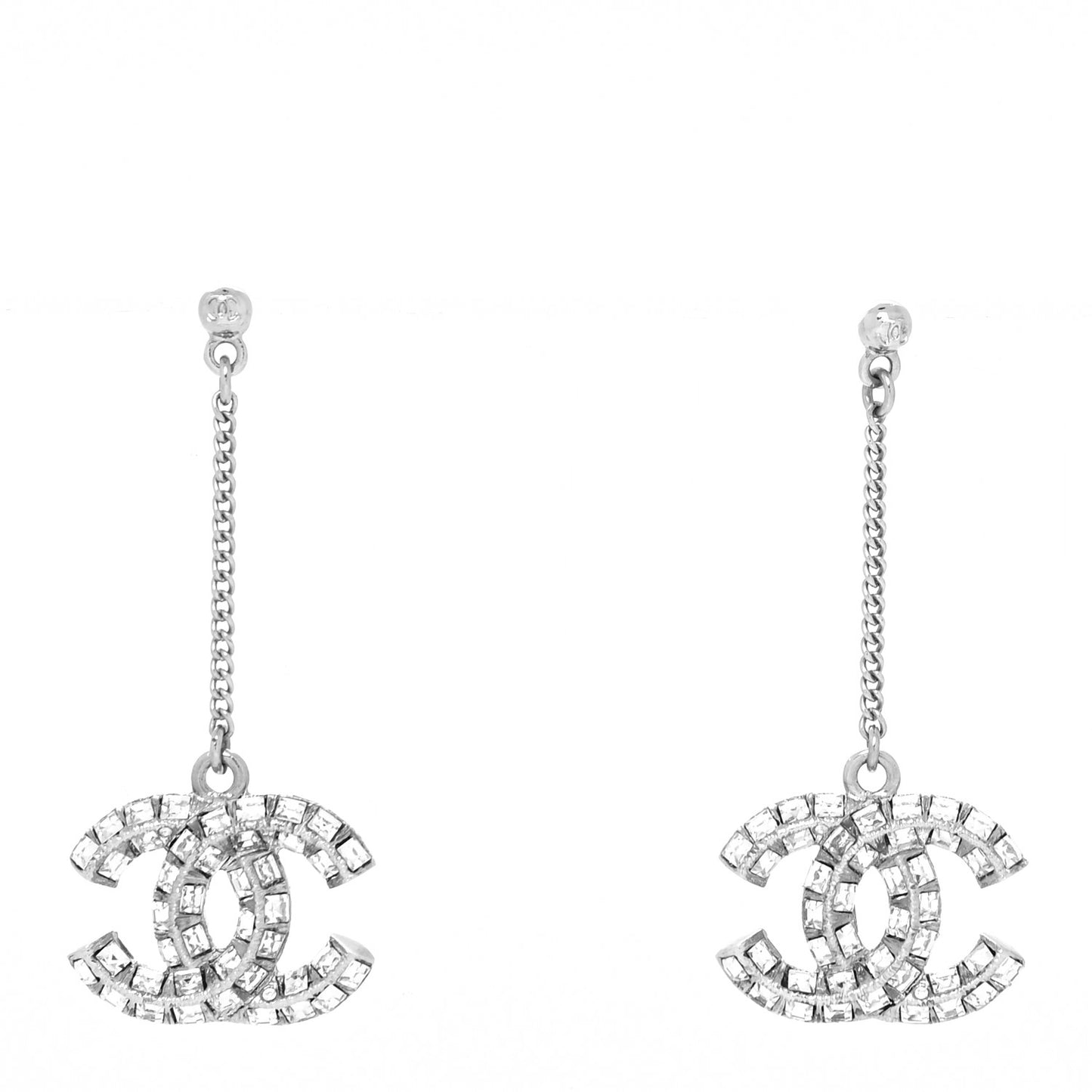 Baguette Crystal CC Drop Earrings Silver