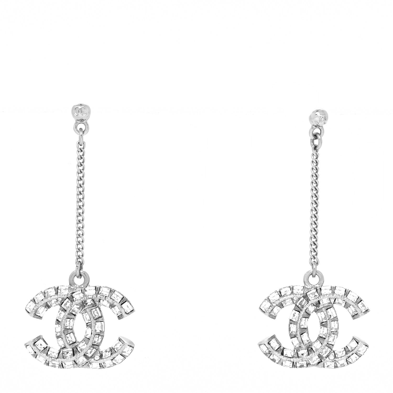Chanel Baguette Crystal CC Drop Earrings Silver 1 of 3