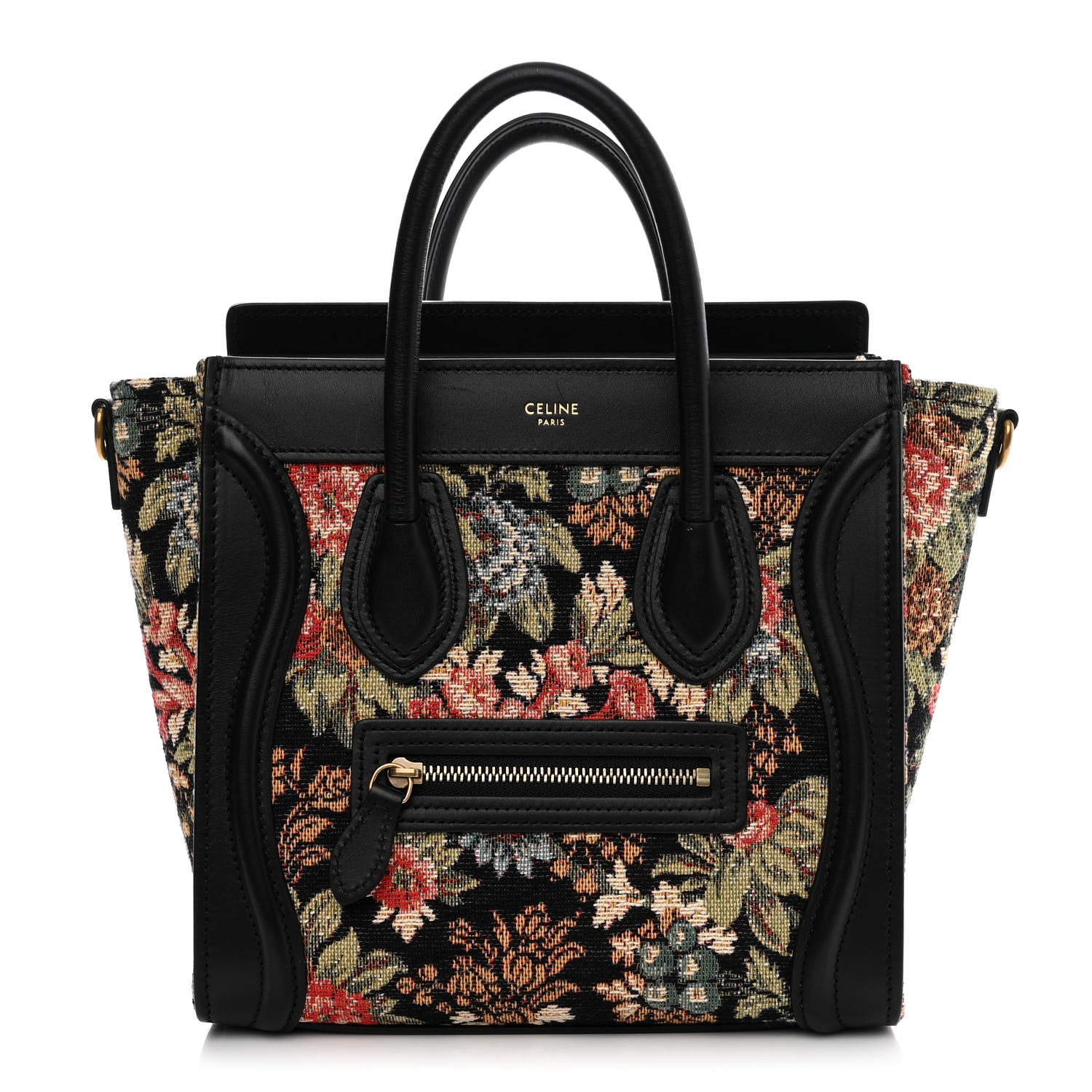 Celine Calfskin Lambskin Canvas Jacquard Floral Nano Luggage Black 1 of 13
