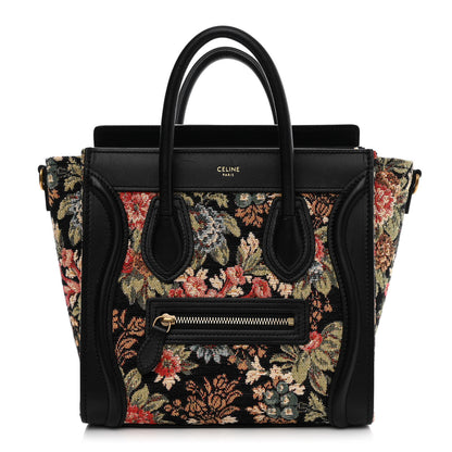 Celine Calfskin Lambskin Canvas Jacquard Floral Nano Luggage Black 1 of 13