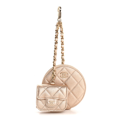 Chanel Metallic Lambskin Quilted Round Clip On Coin Purse Airpods Case Gold 1 of 9