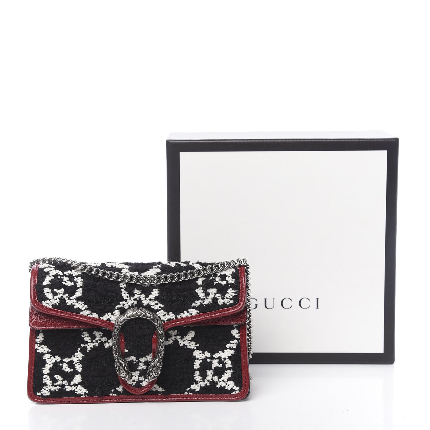 Tweed GG Monogram Super Mini Dionysus Shoulder Bag Black White Romantic Cherry