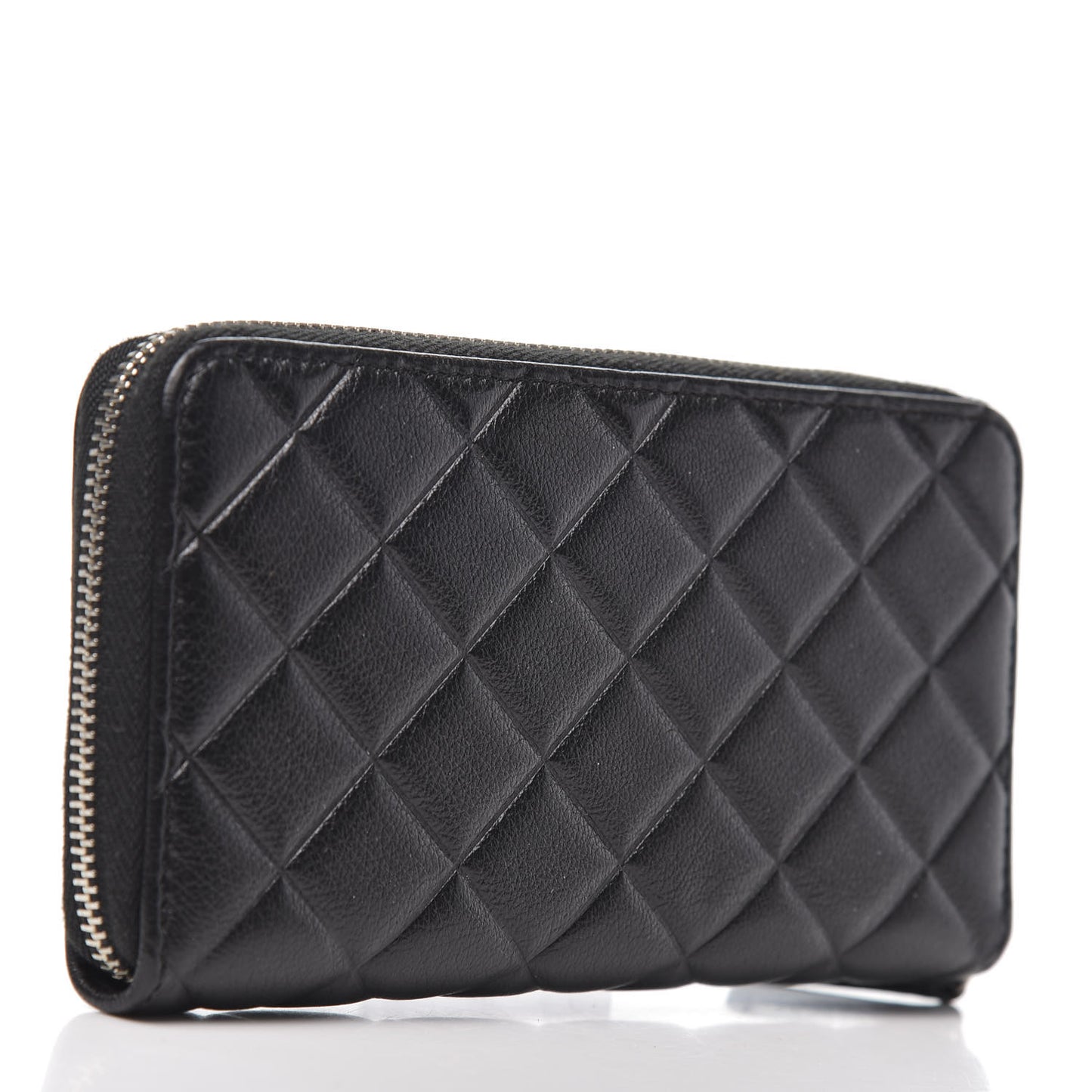 Calfskin Quilted Small Diamond CC Zip Around Wallet Black