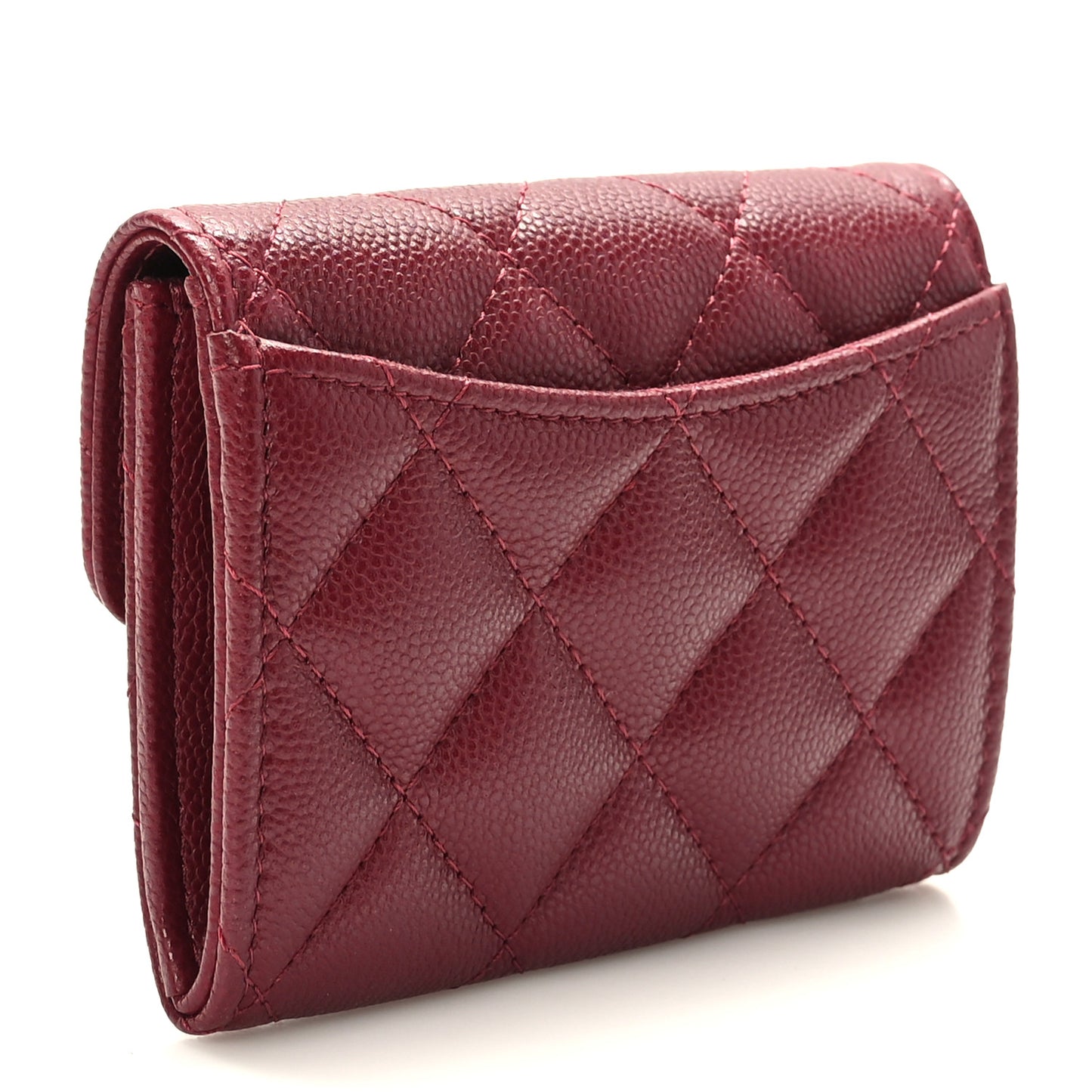 Iridescent Caviar Quilted Flap Card Holder Wallet Burgundy