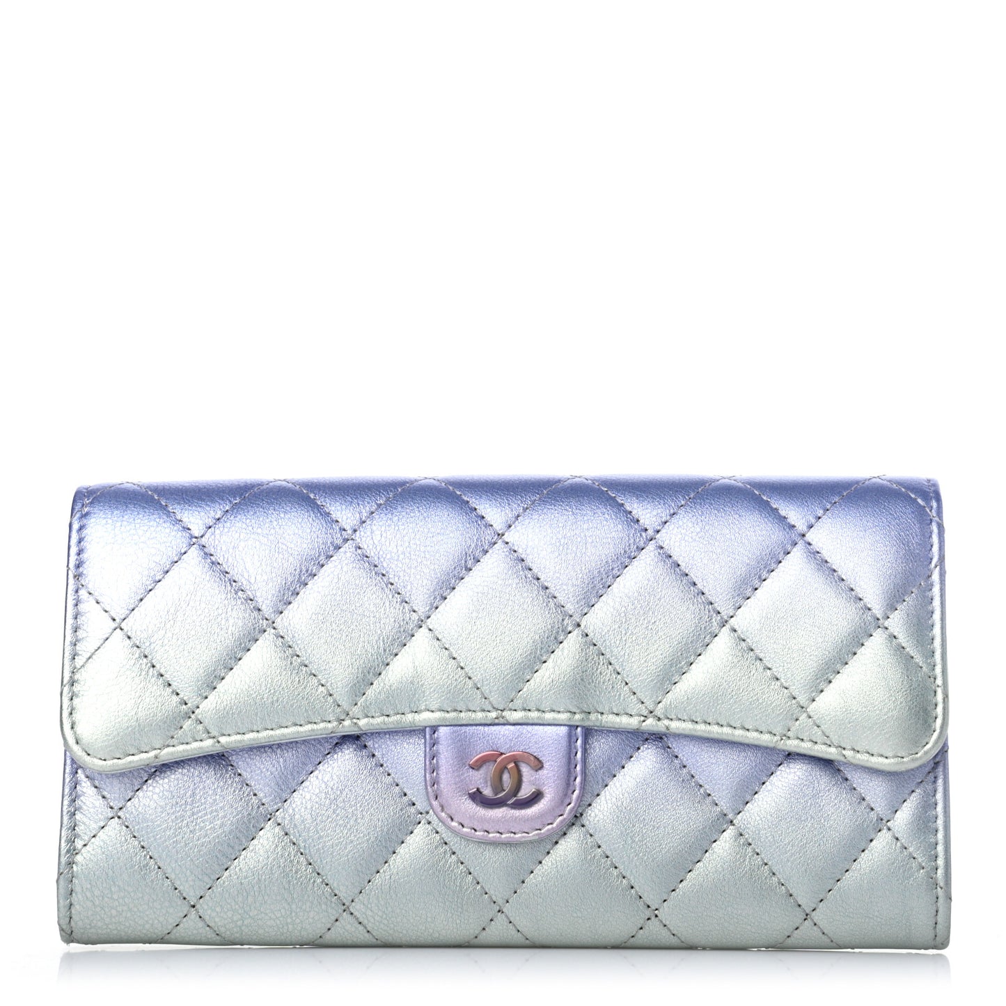 Gradient Metallic Calfskin Quilted Large Gusset Flap Wallet Silver Blue Yellow Purple
