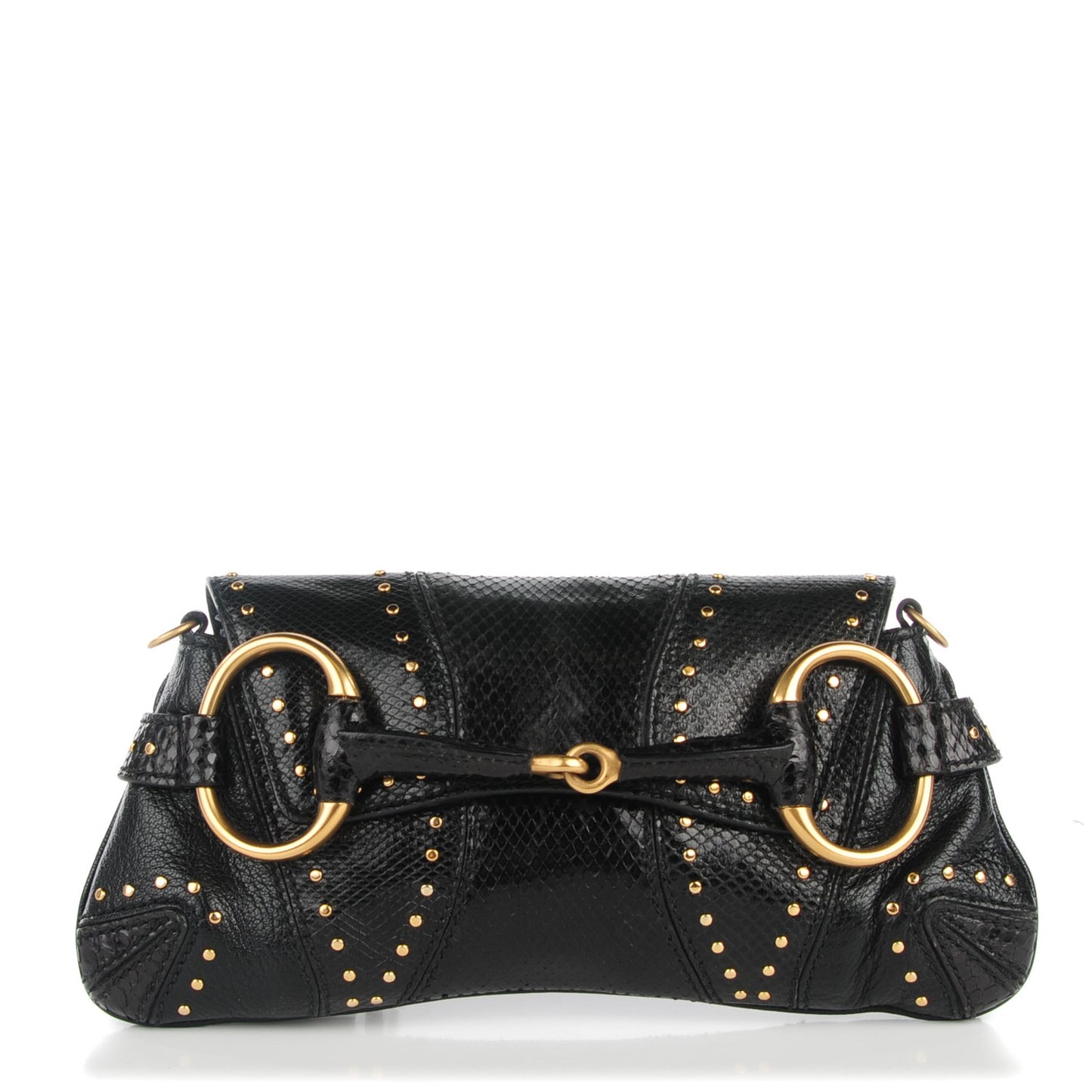 Python Studded Horsebit Chain Clutch Black