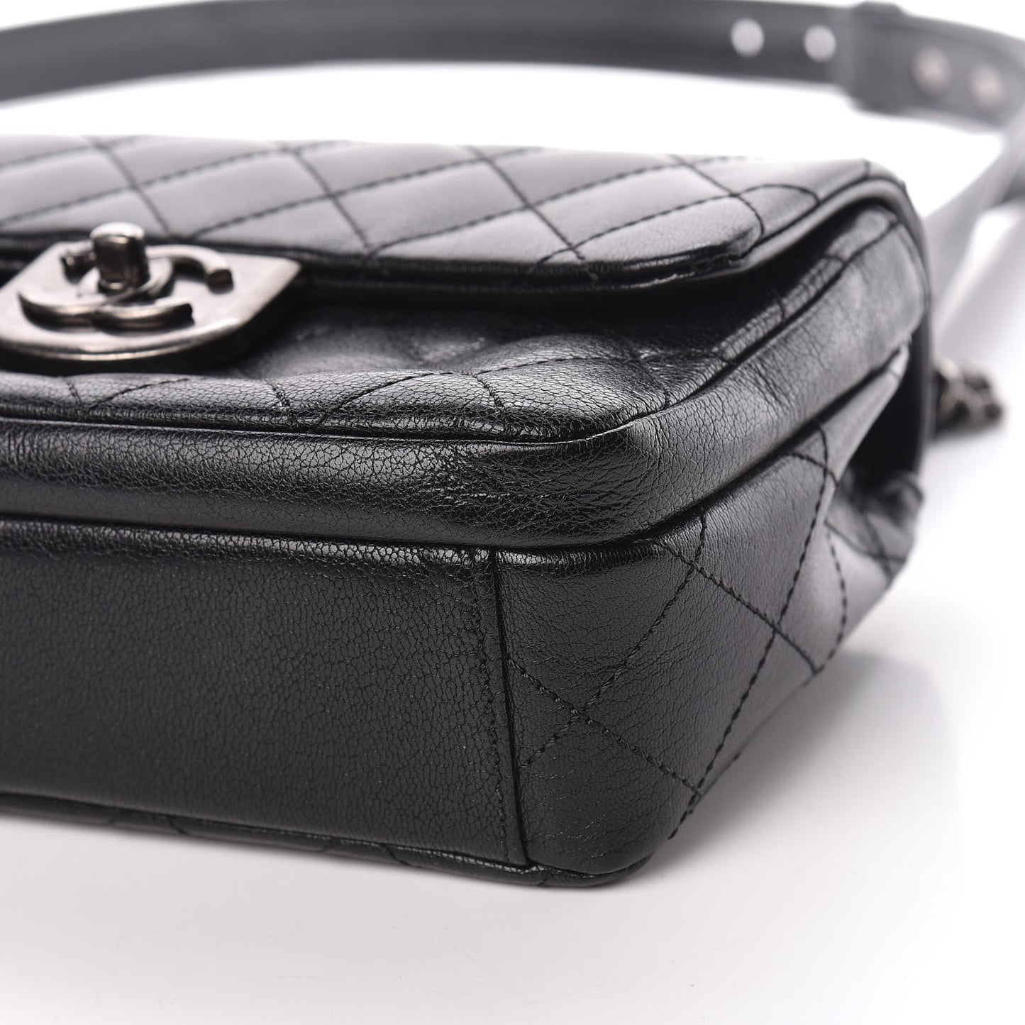 Shiny Goatskin Quilted Small Double Carry Waist Chain Flap Black