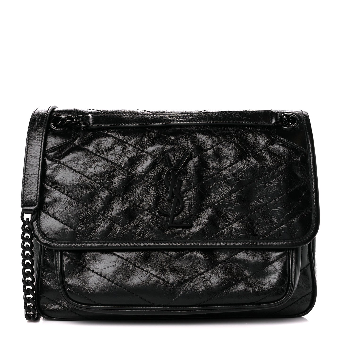 Crinkled Calfskin Matelasse Monogram Medium Niki Chain Satchel Black
