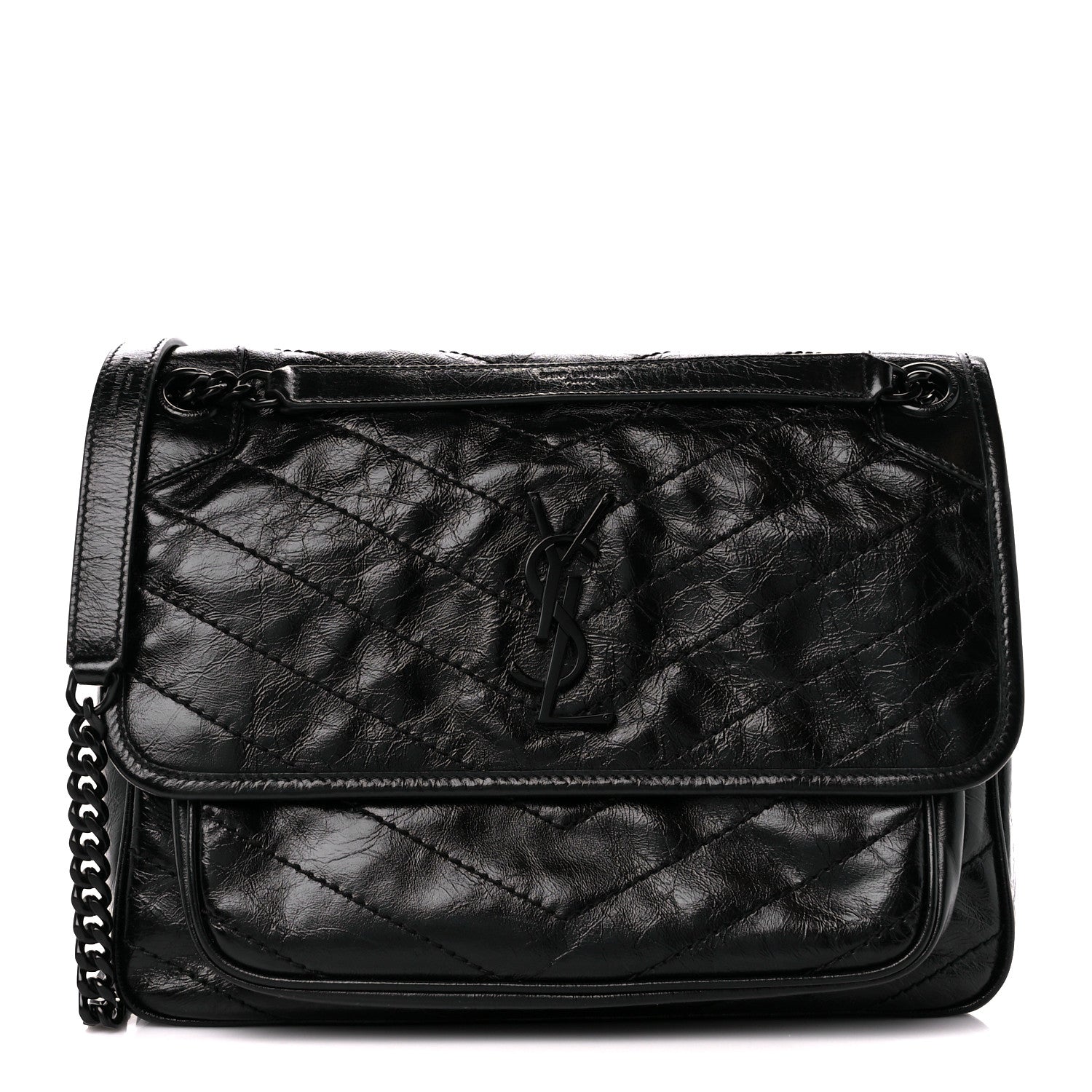 Saint Laurent Crinkled Calfskin Matelasse Monogram Medium Niki Chain Satchel Black 1 of 11